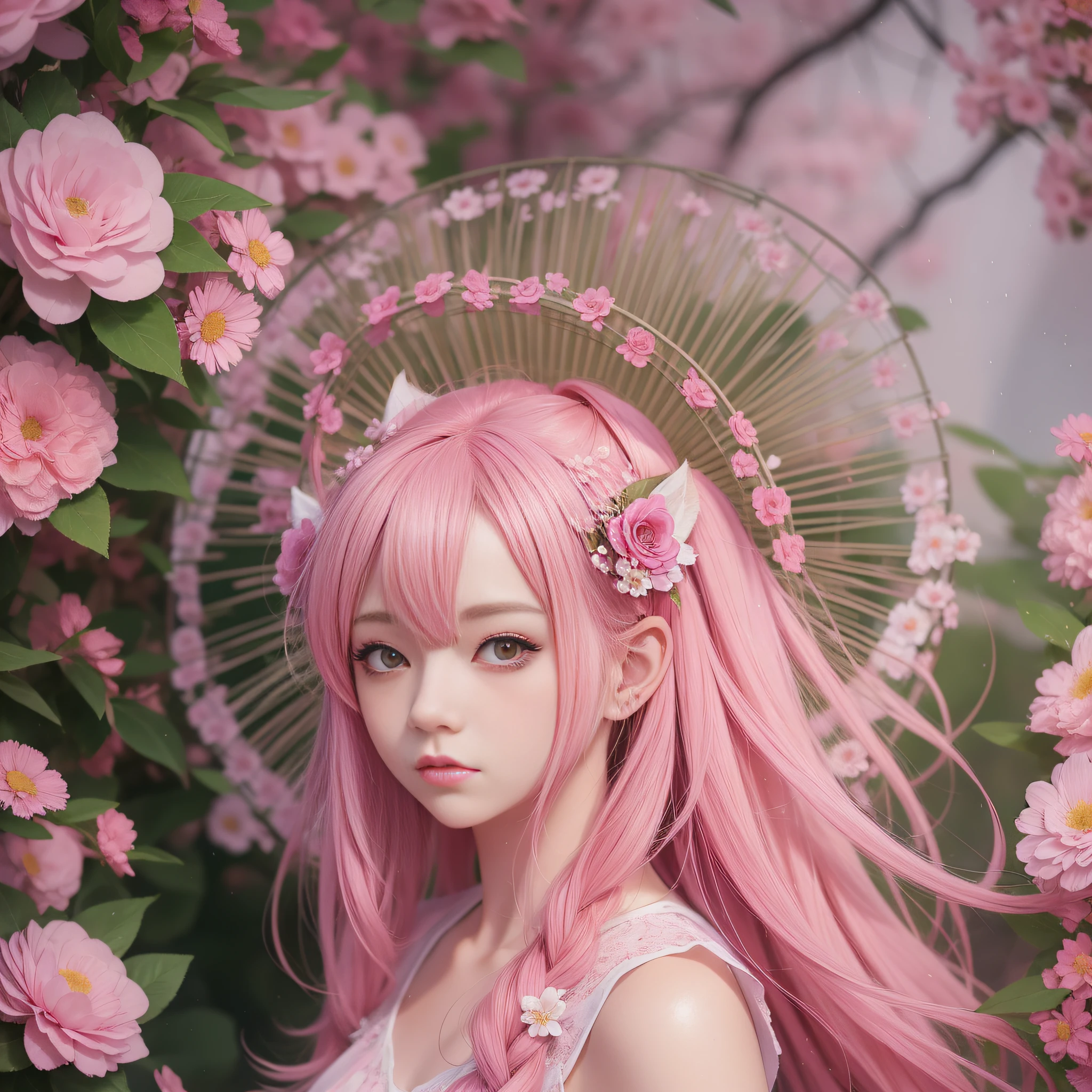 Anime girl with pink hair and pink dress with flowers on her hair, very beautiful anime fox girl, beautiful anime fox girl, beautiful fantasy anime, guweiz, anime girl with fox ears, beautiful anime girl, very pretty cute fox girl, pink flower rain, background blur, anime style 4 K, anime fantasy artwork, 4k anime wallpaper, guvez style artwork