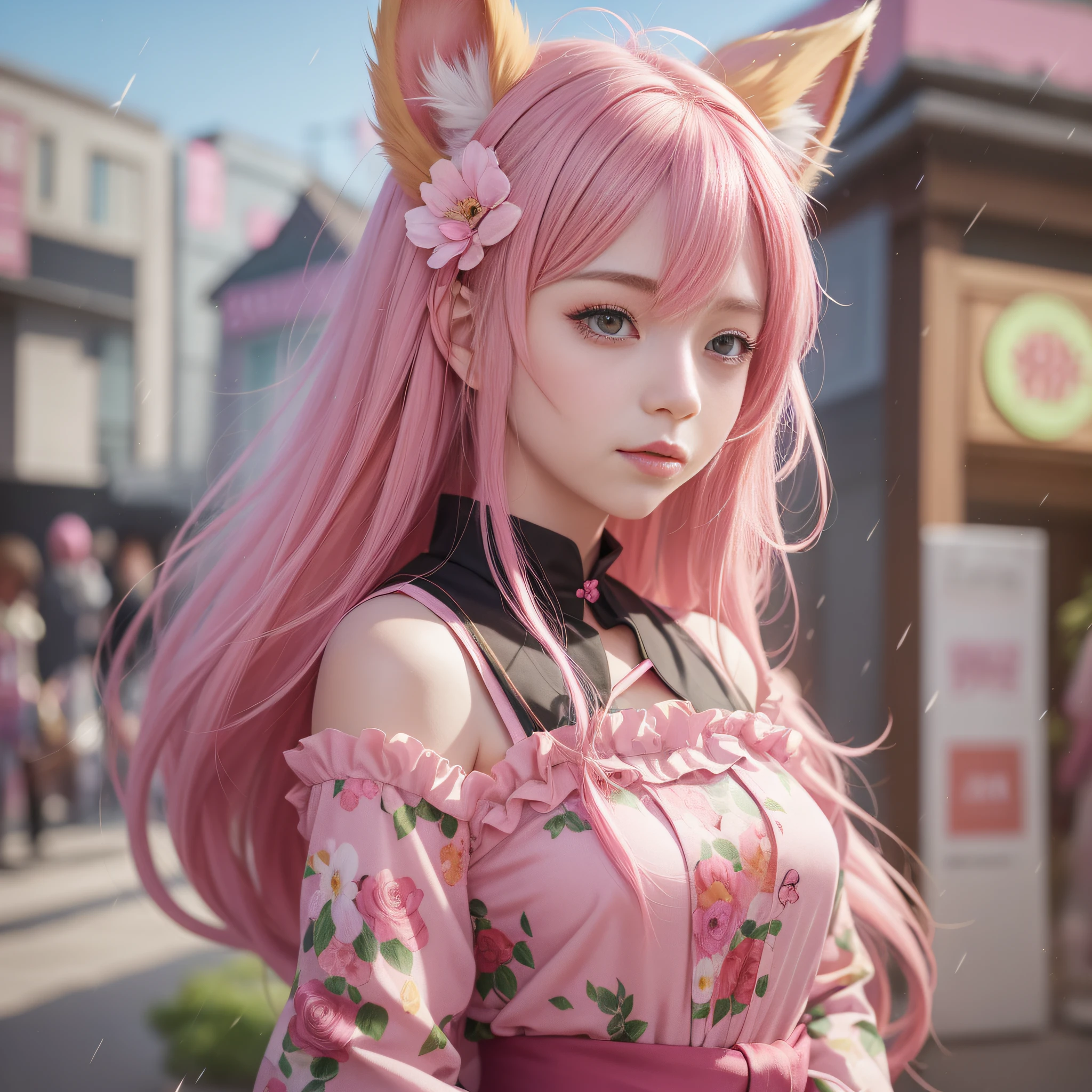 Anime girl with pink hair and pink dress with flowers on her hair, very beautiful anime fox girl, beautiful anime fox girl, beautiful fantasy anime, guweiz, anime girl with fox ears, beautiful anime girl, very pretty cute fox girl, pink flower rain, background blur, anime style 4 K, anime fantasy artwork, 4k anime wallpaper, guvez style artwork