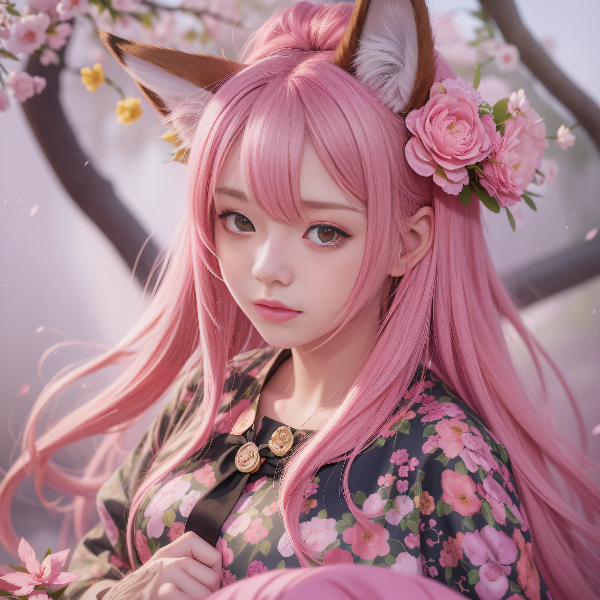 Anime girl with pink hair and pink dress with flowers on her hair, very beautiful anime fox girl, beautiful anime fox girl, beautiful fantasy anime, guweiz, anime girl with fox ears, beautiful anime girl, very pretty cute fox girl, pink flower rain, background blur, anime style 4 K, anime fantasy artwork, 4k anime wallpaper, guvez style artwork