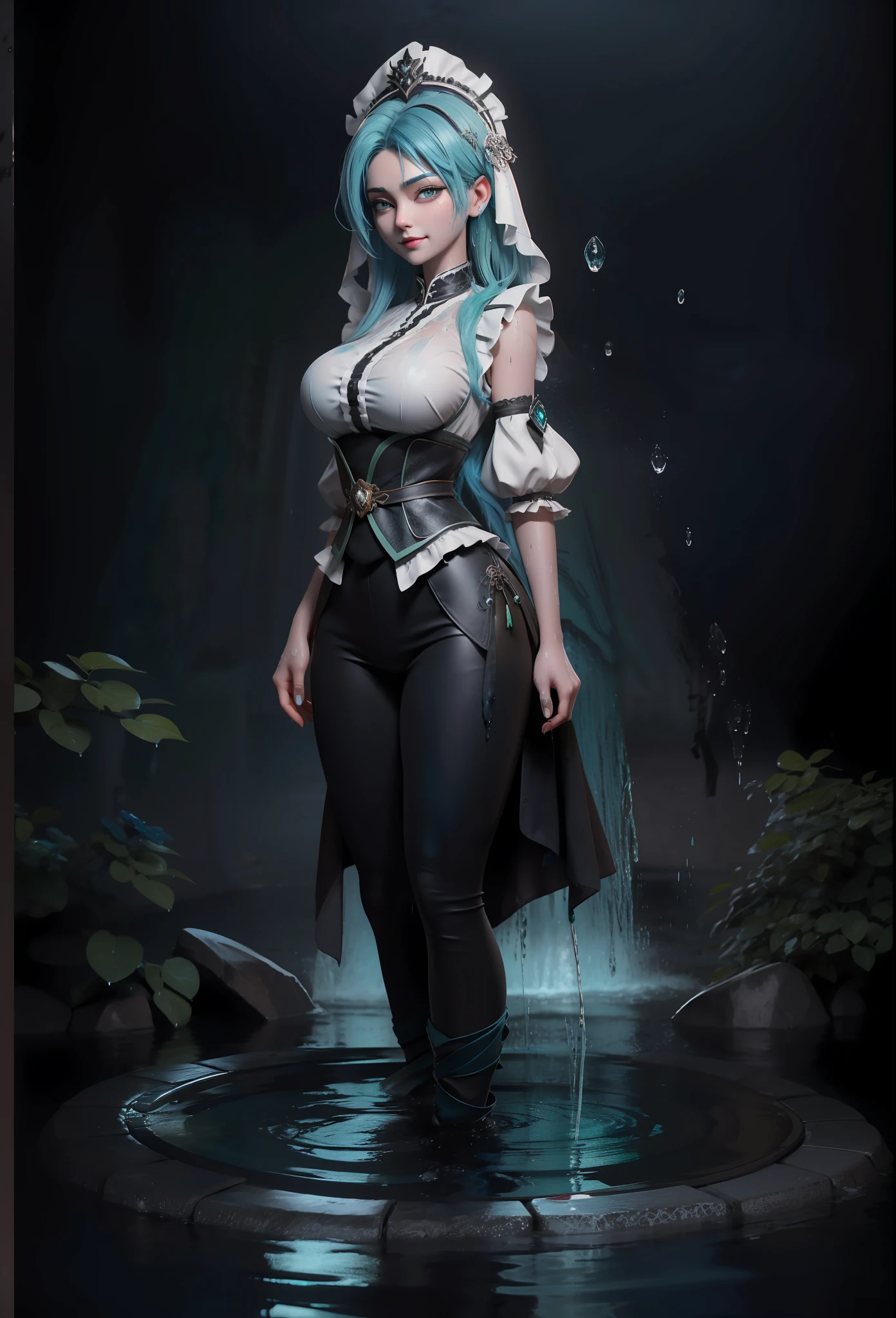 ((Full body photo)). Laura/woman with large breasts is standing, ((wearing black maid's outfit with white/extremely tight parts on her body and maid's headdress on her head)), she is inside a graveyard at night this (raining hard and thundering very hard), her (head/clothing/body soaked in water:1.4), she is looking at the viewer, smiling, Doing pose. She has (blue hair:1.2) and (green eyes:1.2), Mortal Kombat, anime, framed, symmetry, 16k, best quality, super detail, textured skin, UHD
