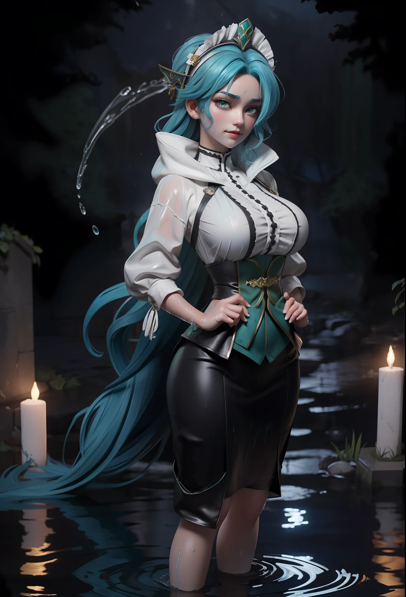 ((Full body photo)). Laura/woman with large breasts is standing, ((wearing black maid's outfit with white/extremely tight parts on her body and maid's headdress on her head)), she is inside a graveyard at night this (raining hard and thundering very hard), her (head/clothing/body soaked in water:1.4), she is looking at the viewer, smiling, Doing pose. She has (blue hair:1.2) and (green eyes:1.2), Mortal Kombat, anime, framed, symmetry, 16k, best quality, super detail, textured skin, UHD