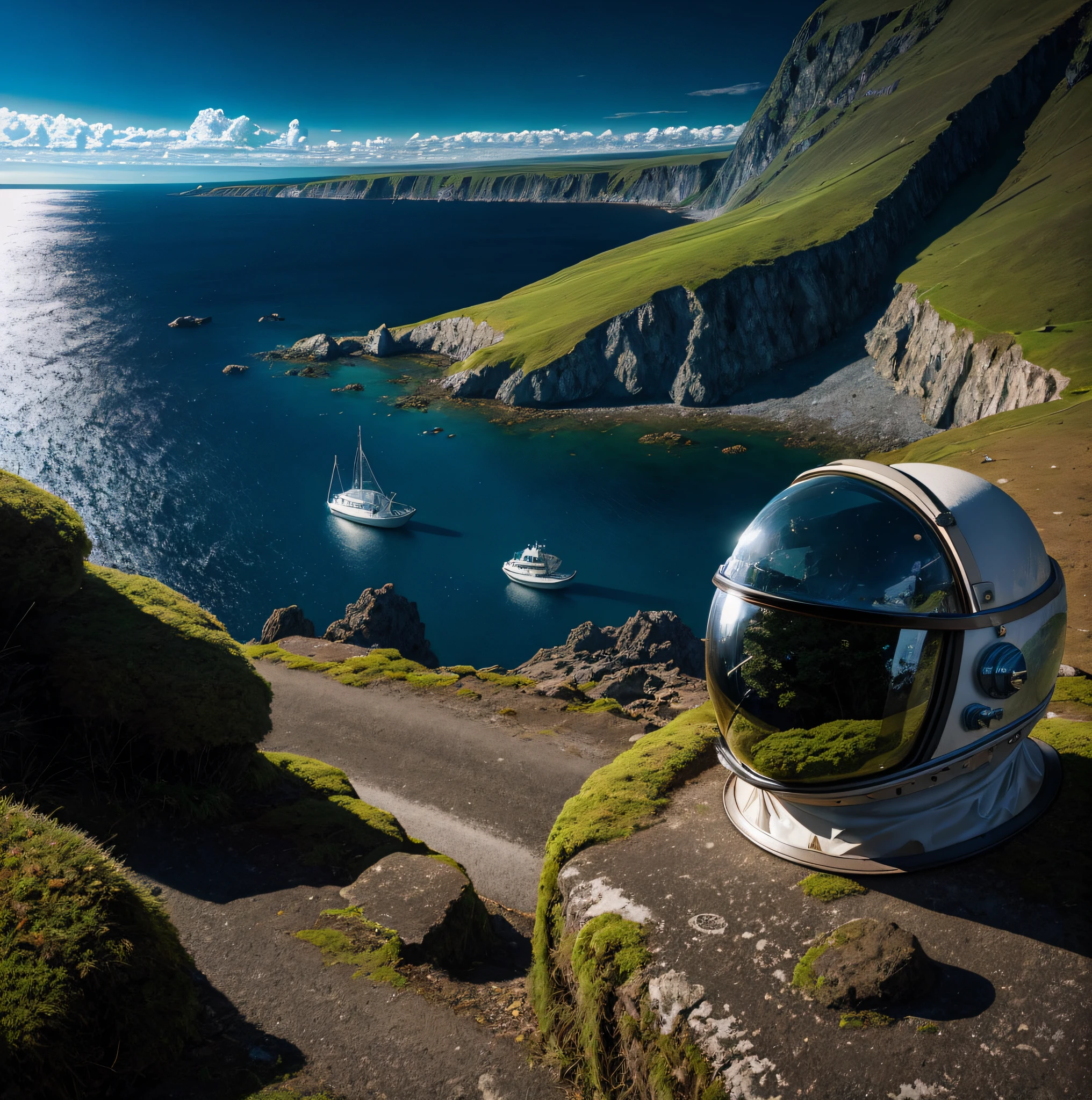 moss, (space helmet), island, coastal road, road, High Detail, dramatic light, high contrast, best quality, nature, (landscape view), expressionistic, small boats, (cartoon:0.3), medium shot,