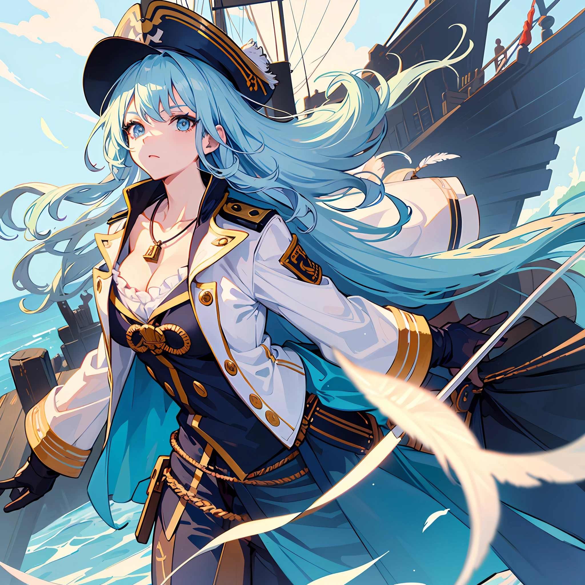 Create a picture of an anime girl with long, wavy light blue hair. She has a tough and adventurous personality, as if she were a ship captain. The clothing she wears depicts the style of a sailing captain or pirate, with distinctive touches and striking details. Perhaps she wears a hat with feathers, a captain's jacket with collar and ropes, and comfortable yet stylish pants. Include accessories such as belt ropes, a necklace, or appropriate jewelry that fits the theme. Her facial expression can reflect bravery and determination. Give her a pose that showcases strength and leadership. Show the spirit of adventure and a free-spirited nature in the picture you create.