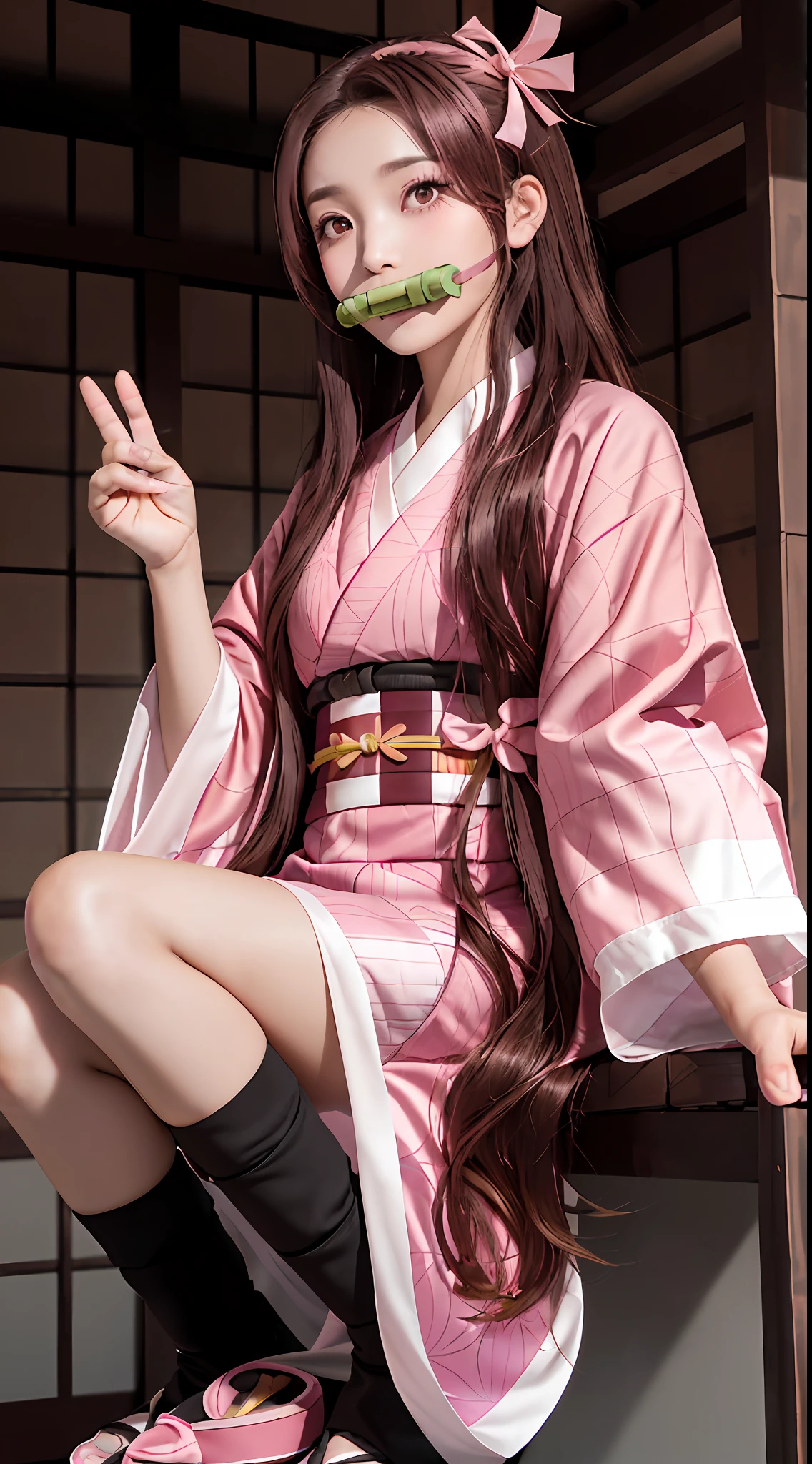 Masterpiece, best quality, high resolution, venus1,1girl, solo, Tsuko Kamato, bamboo, brown hair, (((pink ribbon)) checkered belt, gag, gag, gradient hair, haori, japanese clothes, kimono, long hair, looking at the audience, pink eyes, pink kimono, pink ribbon, solo,
