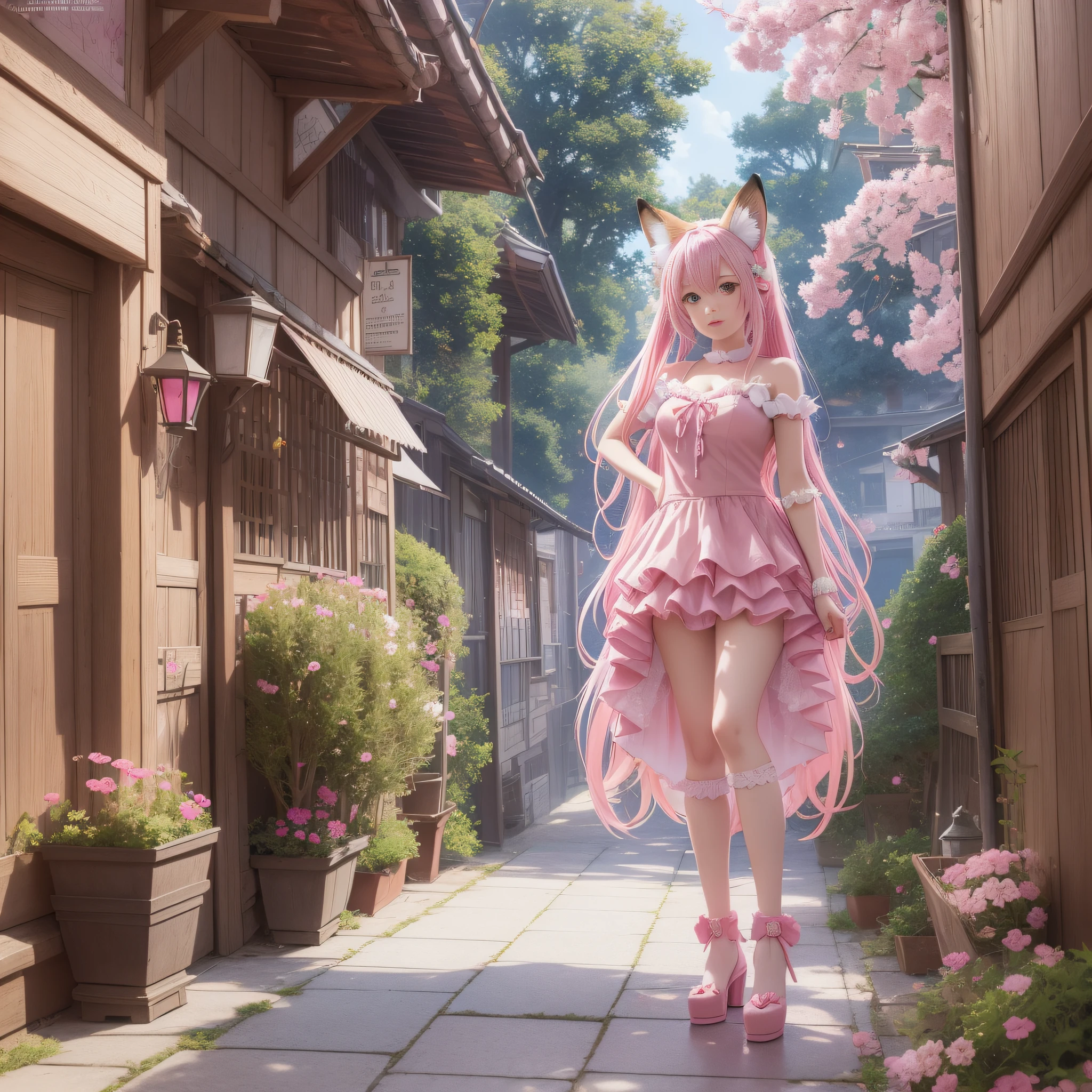 Anime girl with pink hair and pink dress with flowers on her hair, very beautiful anime fox girl, beautiful anime fox girl, beautiful fantasy anime, guweiz, anime girl with fox ears, beautiful anime girl, very pretty cute fox girl, pink flower rain, background blur, anime style 4 K, anime fantasy artwork, 4k anime wallpaper, guvez style artwork
