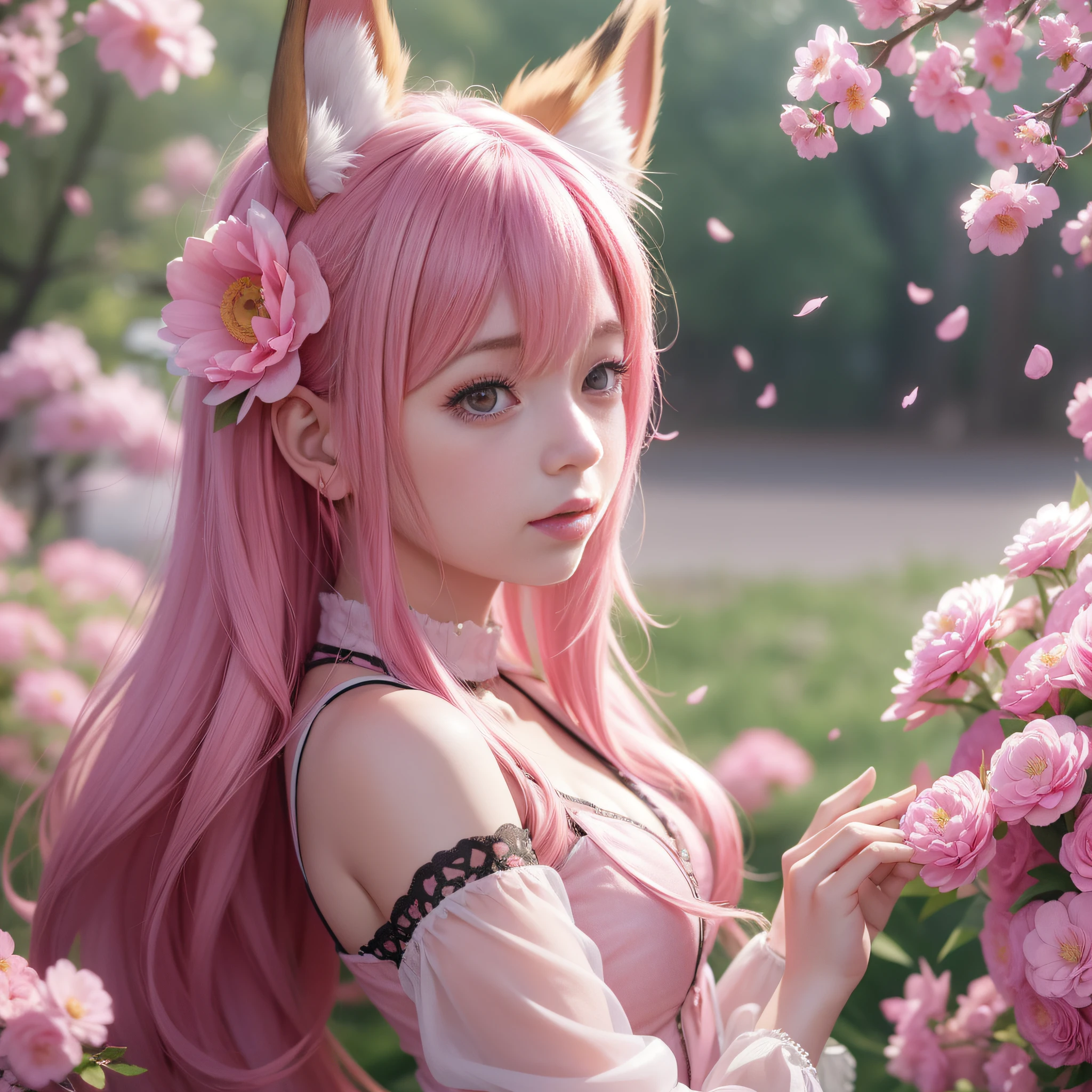 Anime girl with pink hair and pink dress with flowers on her hair, very beautiful anime fox girl, beautiful anime fox girl, beautiful fantasy anime, guweiz, anime girl with fox ears, beautiful anime girl, very pretty cute fox girl, pink flower rain, background blur, anime style 4 K, anime fantasy artwork, 4k anime wallpaper, guvez style artwork