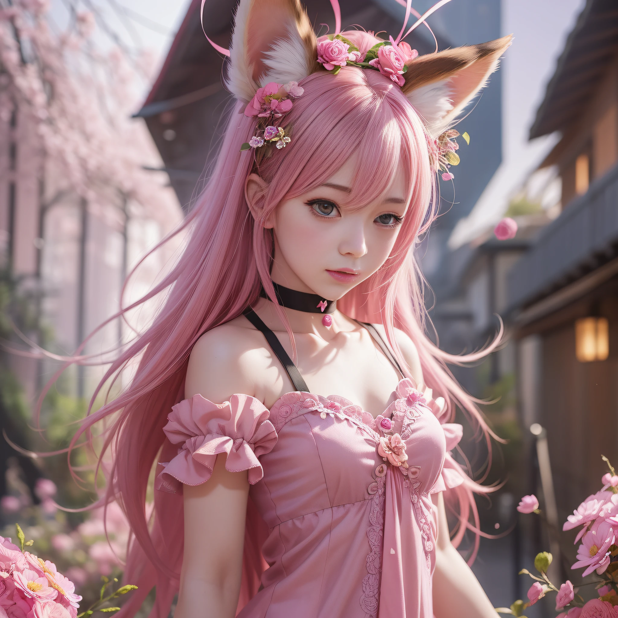 Anime girl with pink hair and pink dress with flowers on her hair, very beautiful anime fox girl, beautiful anime fox girl, beautiful fantasy anime, guweiz, anime girl with fox ears, beautiful anime girl, very pretty cute fox girl, pink flower rain, background blur, anime style 4 K, anime fantasy artwork, 4k anime wallpaper, guvez style artwork