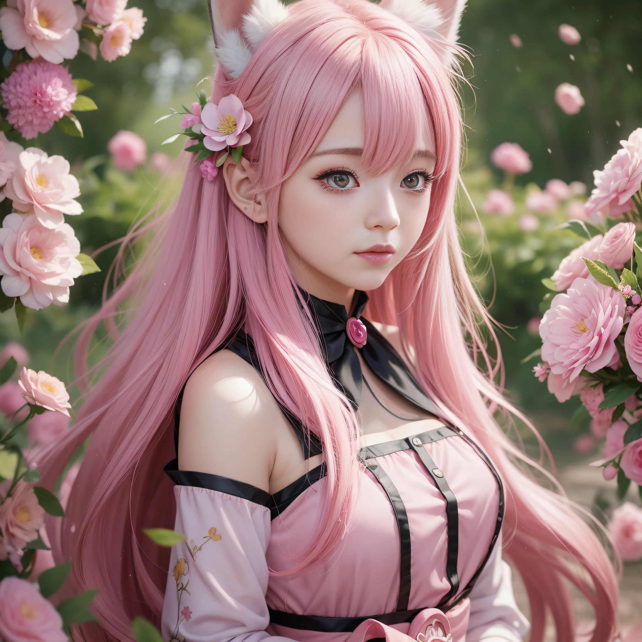 Anime girl with pink hair and pink dress with flowers on her hair, very beautiful anime fox girl, beautiful anime fox girl, beautiful fantasy anime, guweiz, anime girl with fox ears, beautiful anime girl, very pretty cute fox girl, pink flower rain, background blur, anime style 4 K, anime fantasy artwork, 4k anime wallpaper, guvez style artwork