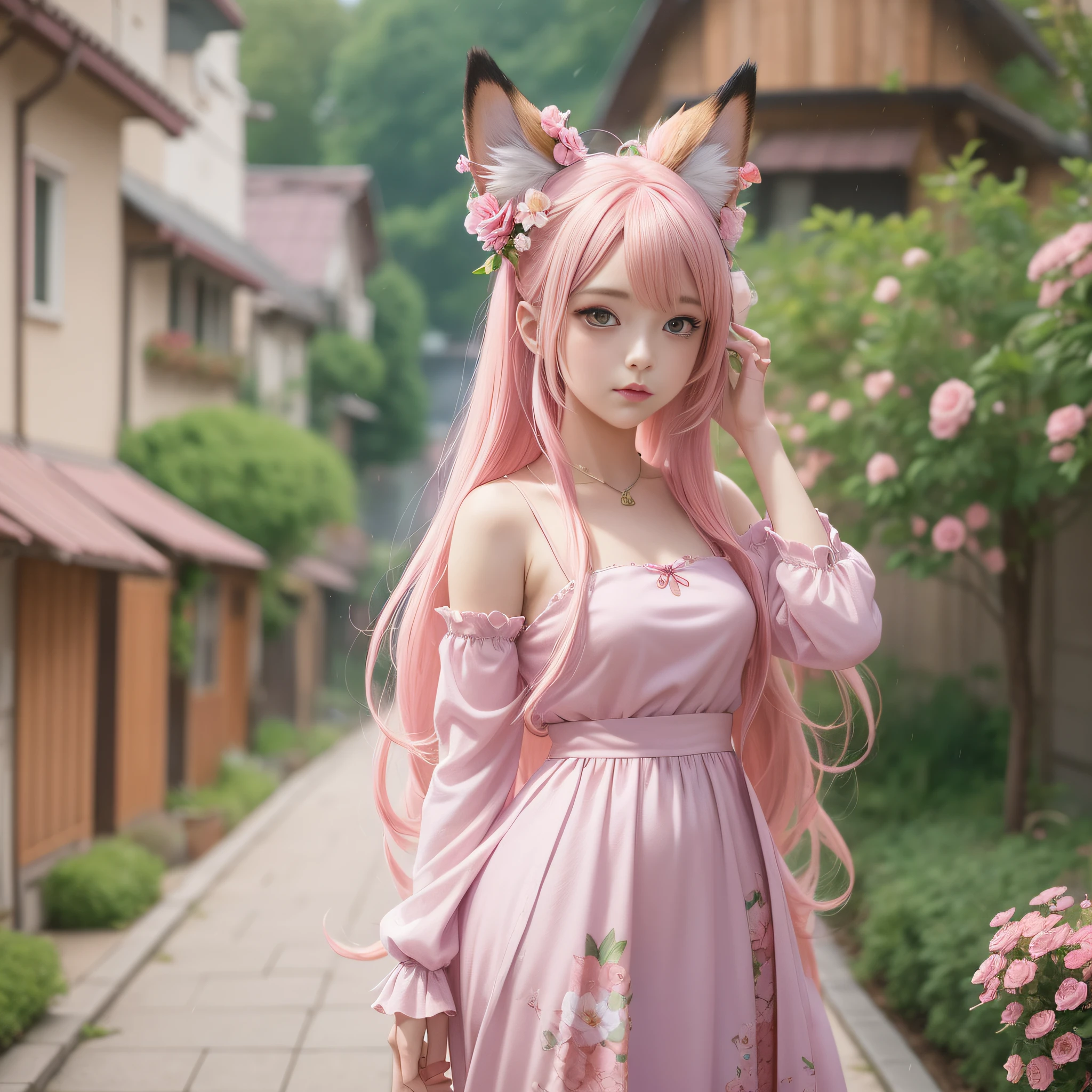Anime girl with pink hair and pink dress with flowers on her hair, very beautiful anime fox girl, beautiful anime fox girl, beautiful fantasy anime, guweiz, anime girl with fox ears, beautiful anime girl, very pretty cute fox girl, pink flower rain, background blur, anime style 4 K, anime fantasy artwork, 4k anime wallpaper, guvez style artwork