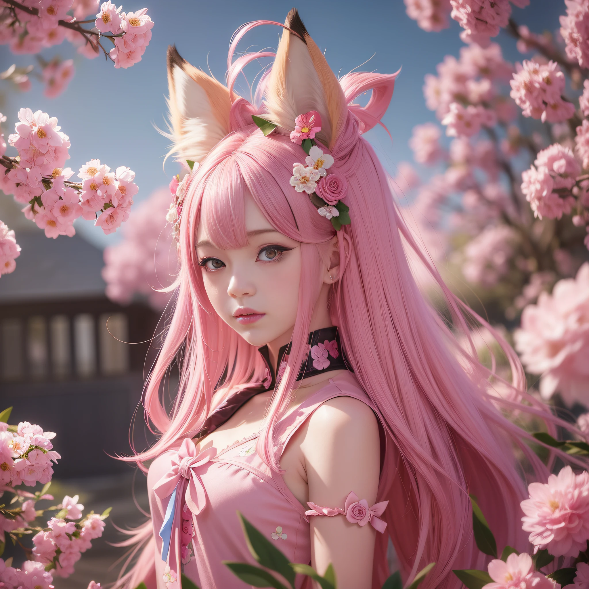 Anime girl with pink hair and pink dress with flowers on her hair, very beautiful anime fox girl, beautiful anime fox girl, beautiful fantasy anime, guweiz, anime girl with fox ears, beautiful anime girl, very pretty cute fox girl, pink flower rain, background blur, anime style 4 K, anime fantasy artwork, 4k anime wallpaper, guvez style artwork