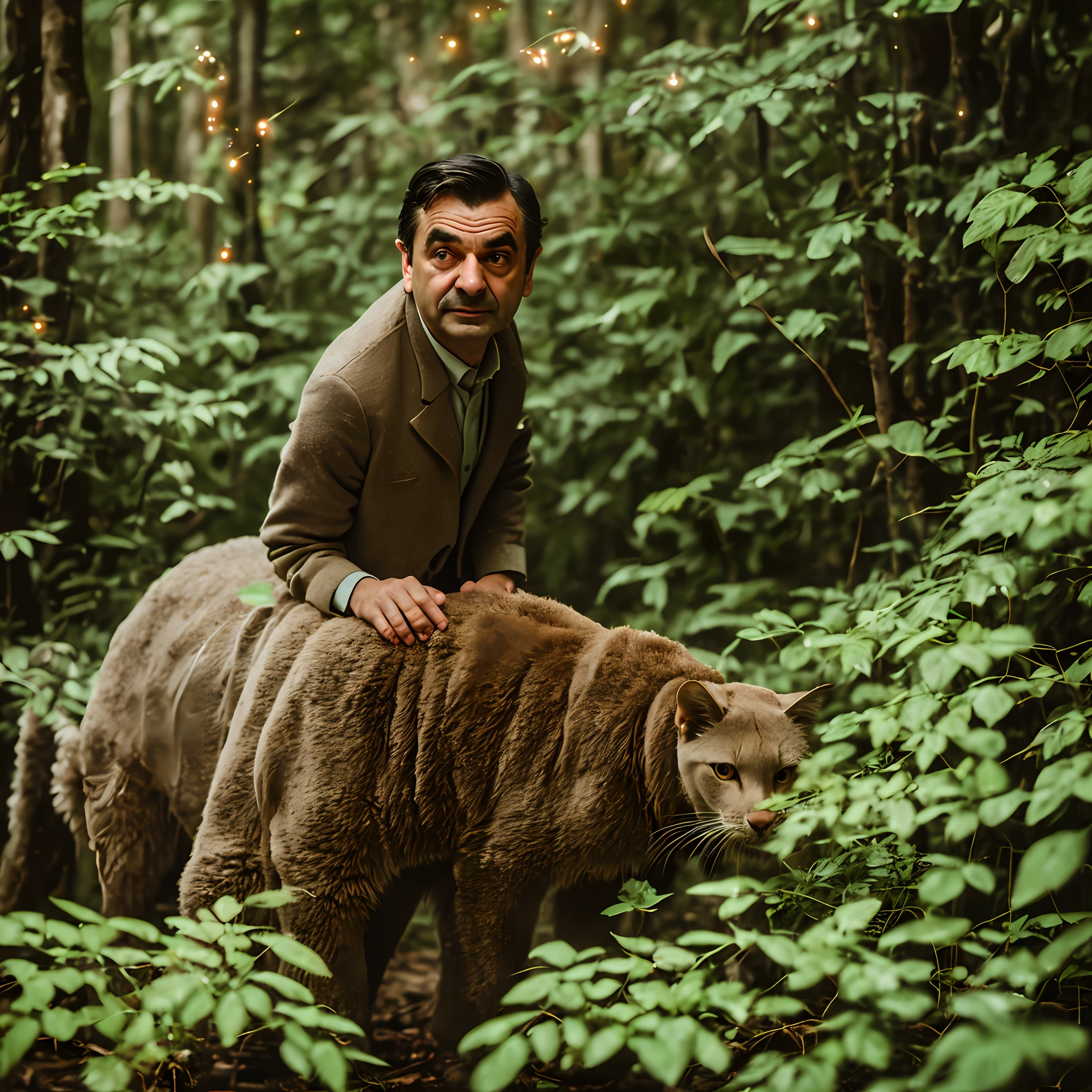 masterpiece, mr. bean walking through jungle at night among fireflies, (high detail:1 1), rough face, natural skin, high quality, nsfw, beautiful eyes, (detailed face and eyes), (face: 1 2), noise, extra, real photo, PSD, lamp film photography, sharp focus, contrast lighting, detailed skin, high resolution 8k, crazy detail, realistic, professional photography, 8k UHD, SLR camera, soft lighting, high quality, film grain, Fujifilm XT3