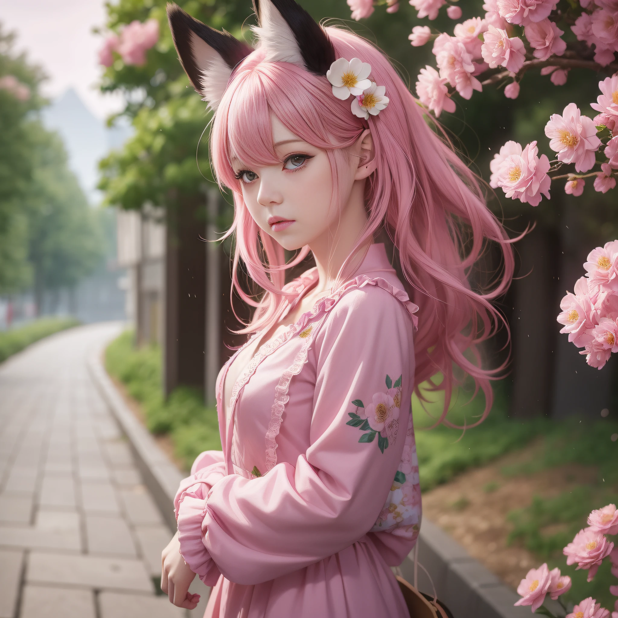 Anime girl with pink hair and pink dress with flowers on her hair, very beautiful anime fox girl, beautiful anime fox girl, beautiful fantasy anime, guweiz, anime girl with fox ears, beautiful anime girl, very pretty cute fox girl, pink flower rain, background blur, anime style 4 K, anime fantasy artwork, 4k anime wallpaper, guvez style artwork