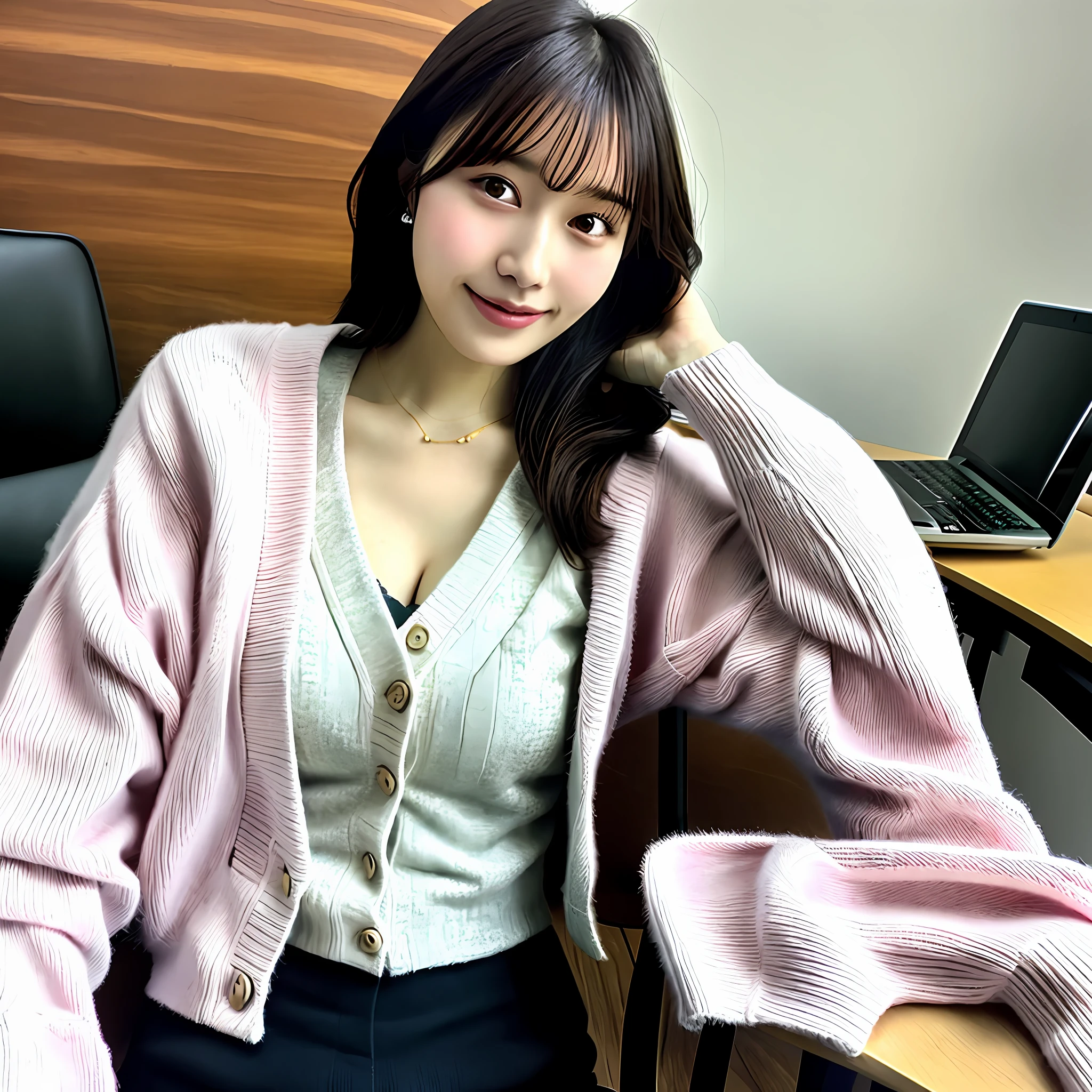 arafed woman sitting in a chair with a laptop on her lap, generous cleavage open jacket, bottom angle, wearing in cardigan, with soft pink colors, open v chest clothes, sakimichan, beautiful angle, cardigan, close angle, taken with canon eos 5 d, wearing a cardigan, full subject shown in photo, sakimichan hdri