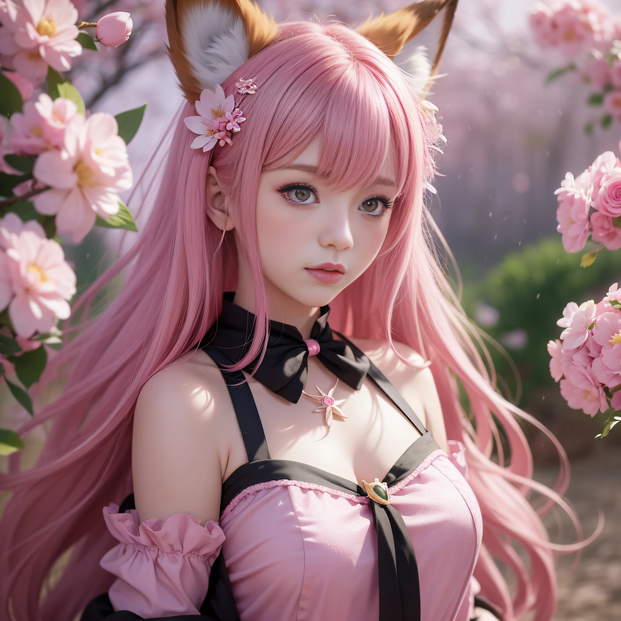 Anime girl with pink hair and pink dress with flowers on her hair, very beautiful anime fox girl, beautiful anime fox girl, beautiful fantasy anime, guweiz, anime girl with fox ears, beautiful anime girl, very pretty cute fox girl, pink flower rain, background blur, anime style 4 K, anime fantasy artwork, 4k anime wallpaper, guvez style artwork