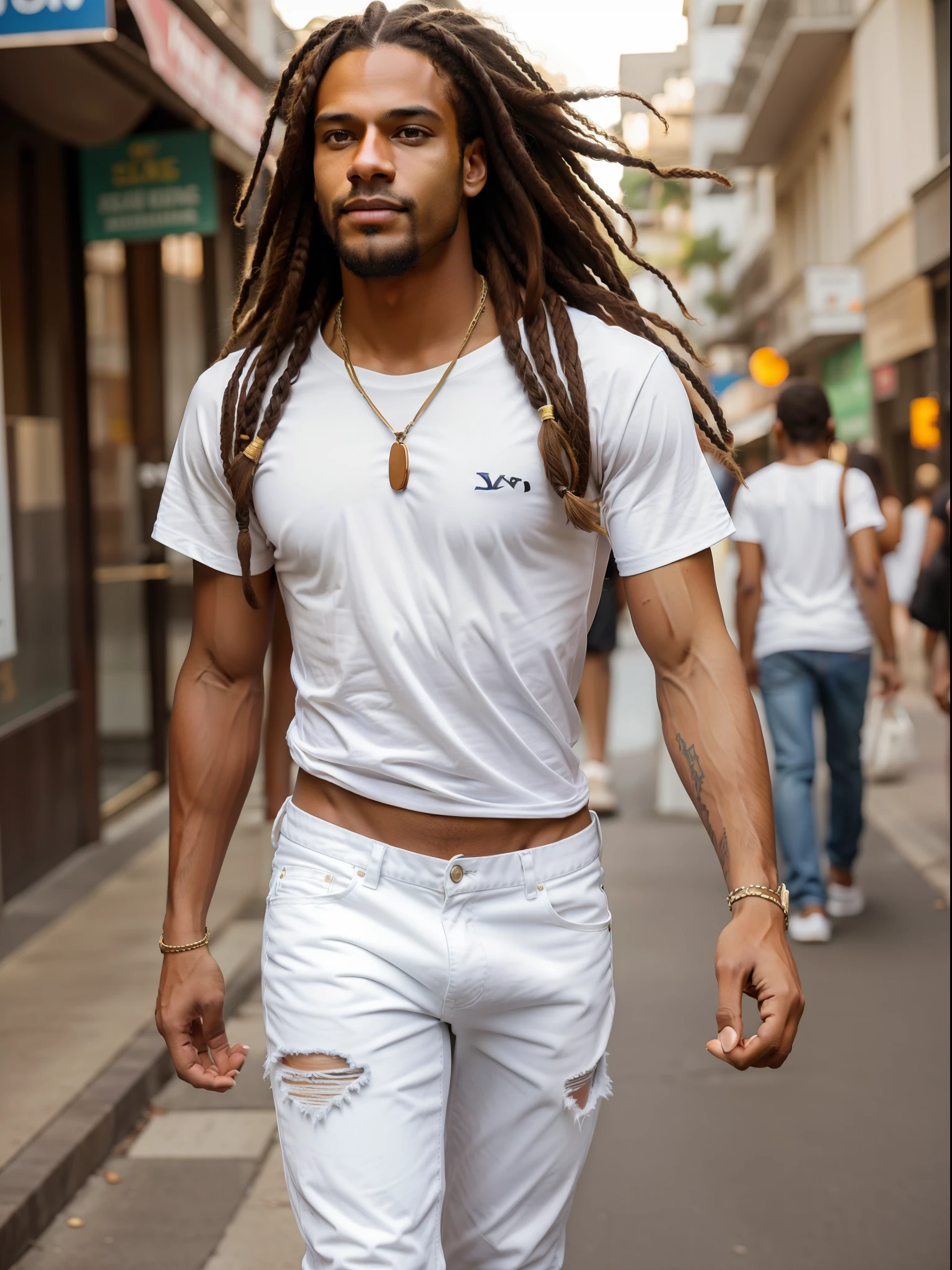 Jesus dos Santos, 20 years old, athletic carpenter, of Afro and Spanish Brazilian descent, tall, with shoulder-length dreadlocks. Expressive brown eyes, light chocolate skin. Wearing white cotton t-shirt, ripped jeans and brown leather sandals, walking through the busy streets of São Paulo, sunny day; a radiant smile as you pass people by; walk with confidence. Jesus is photographed with a Sony Alpha A7R IV camera, with a 35mm f/1.4 lens. The depth of field is shallow to blur the background and keep the focus on Jesus. The lighting is natural, taking advantage of the strong sun of the day. 8k, realistic.