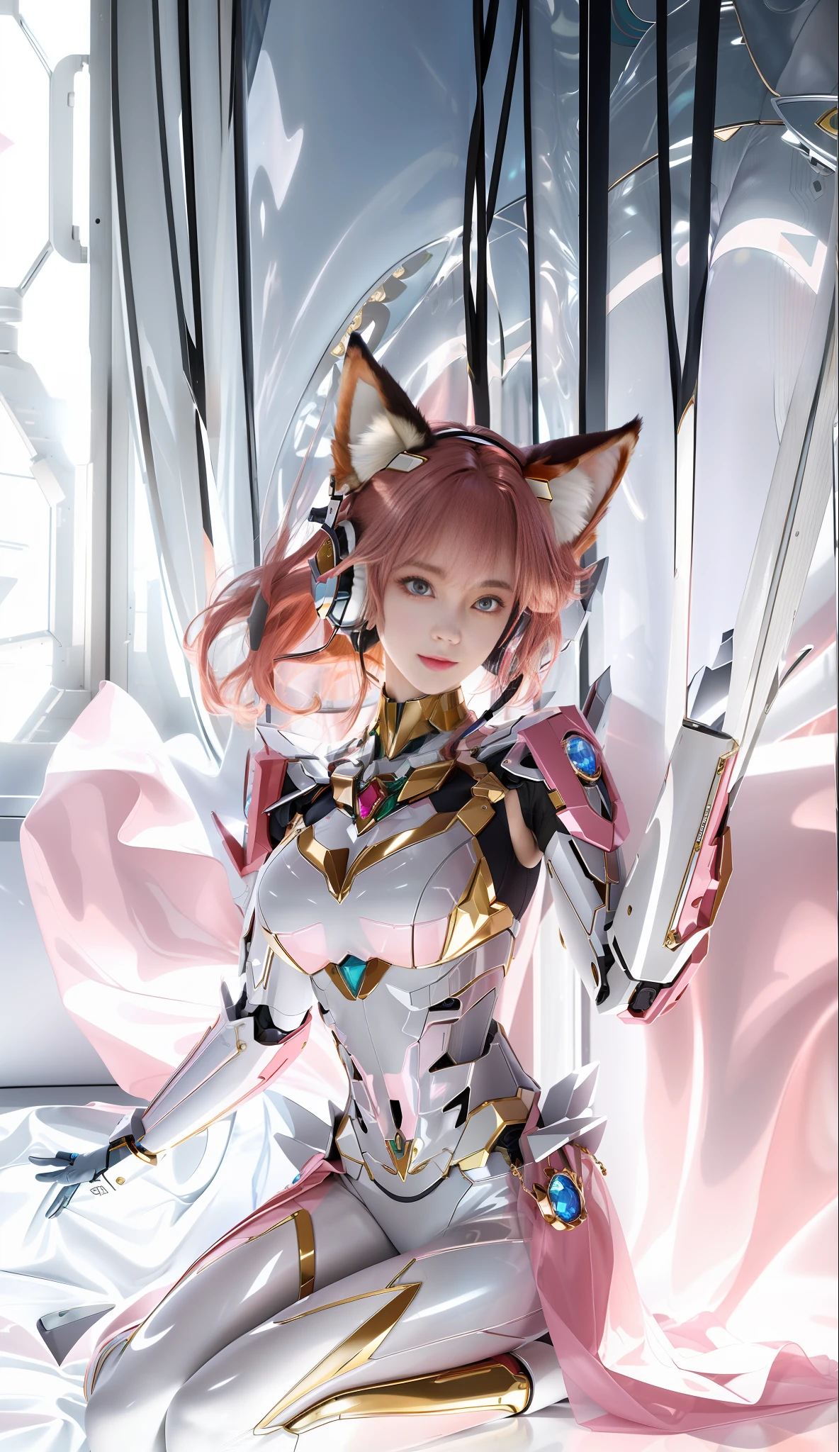 (Big breasts: 1.2) (Headphones with mecha fox ears) Round tights Tech style Full body pink Beautiful eyes Delicate facial features Maruko hair (Original photo: 1.2), (Realistic: 1.4), (Intricate details: 1.2), (Masterpiece: 1.3), (Best quality: 1.4), (Ultra resolution: 1.2), Cinema lighting, (Queen) Ultra High Resolution, (Facial Features: 2) (Detailed Eyes), (Detailed Facial Features), (Detailed Clothing Features), (Full Body), HDR, 8k Resolution, Looking at the Viewer, Skin Tight, (Shiny Skin), (Slim Girl), Dreamy, Narrow Waist, (Extremely Detailed Illustration), Cute, Innocent,  slimming figure, breasts, room, fullness, long hair, professional lighting, photon mapping, radiosity, physically based rendering, shy, eye, reflection, hyperrealism, verism, Sony FE GM ruby gold jewelry sapphire [clothes smooth: 1.5] ((super thin clothes: 1.5))