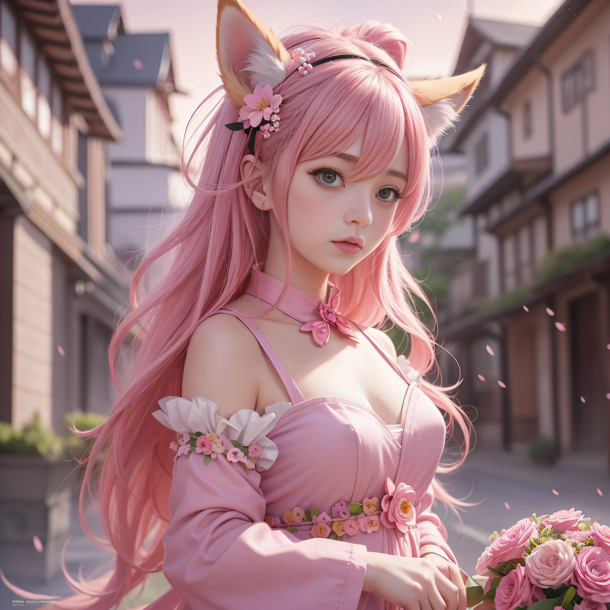 Anime girl with pink hair and pink dress with flowers on her hair, very beautiful anime fox girl, beautiful anime fox girl, beautiful fantasy anime, guweiz, anime girl with fox ears, beautiful anime girl, very pretty cute fox girl, pink flower rain, background blur, anime style 4 K, anime fantasy artwork, 4k anime wallpaper, guvez style artwork