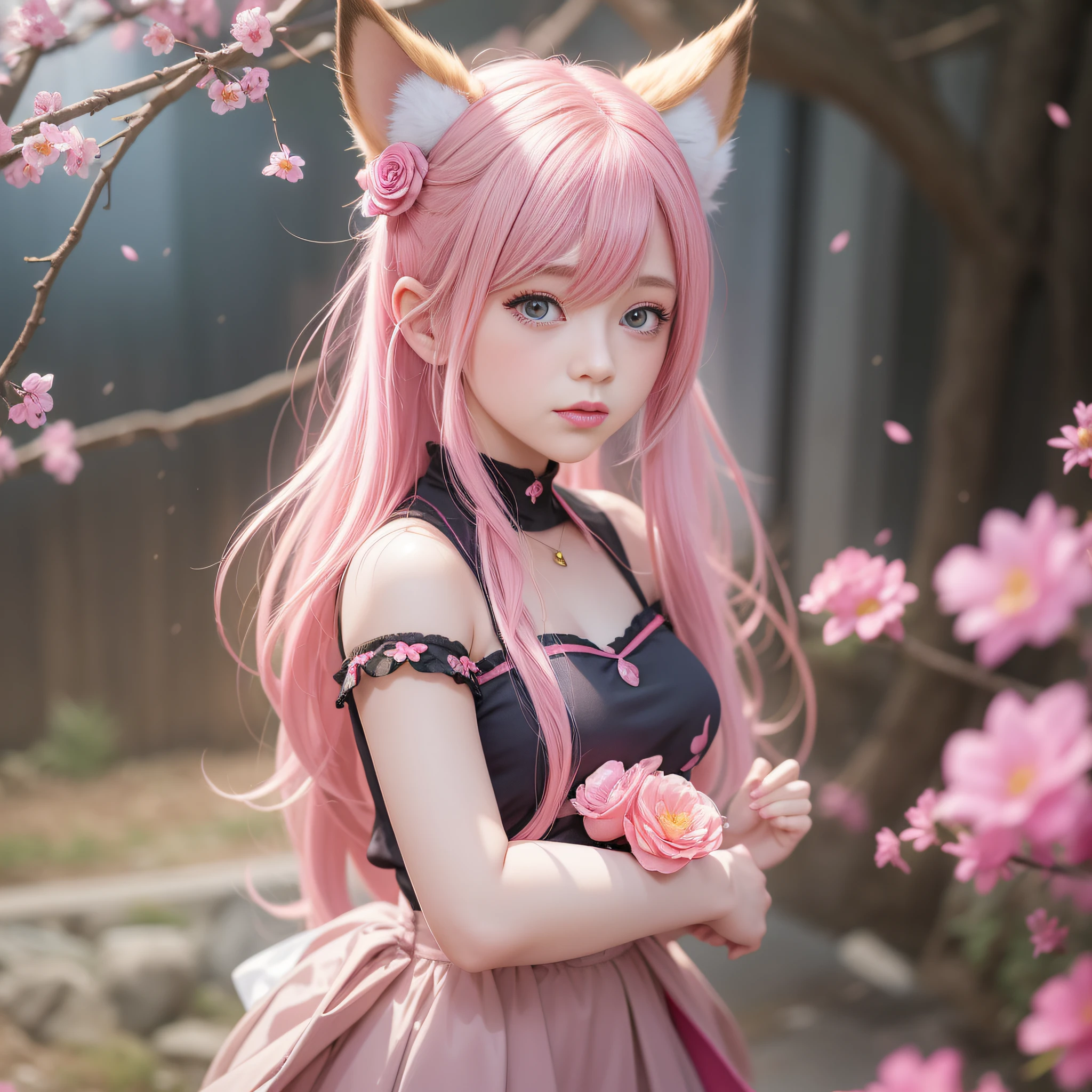 Anime girl with pink hair and pink dress with flowers on her hair, very beautiful anime fox girl, beautiful anime fox girl, beautiful fantasy anime, guweiz, anime girl with fox ears, beautiful anime girl, very pretty cute fox girl, pink flower rain, background blur, anime style 4 K, anime fantasy artwork, 4k anime wallpaper, guvez style artwork