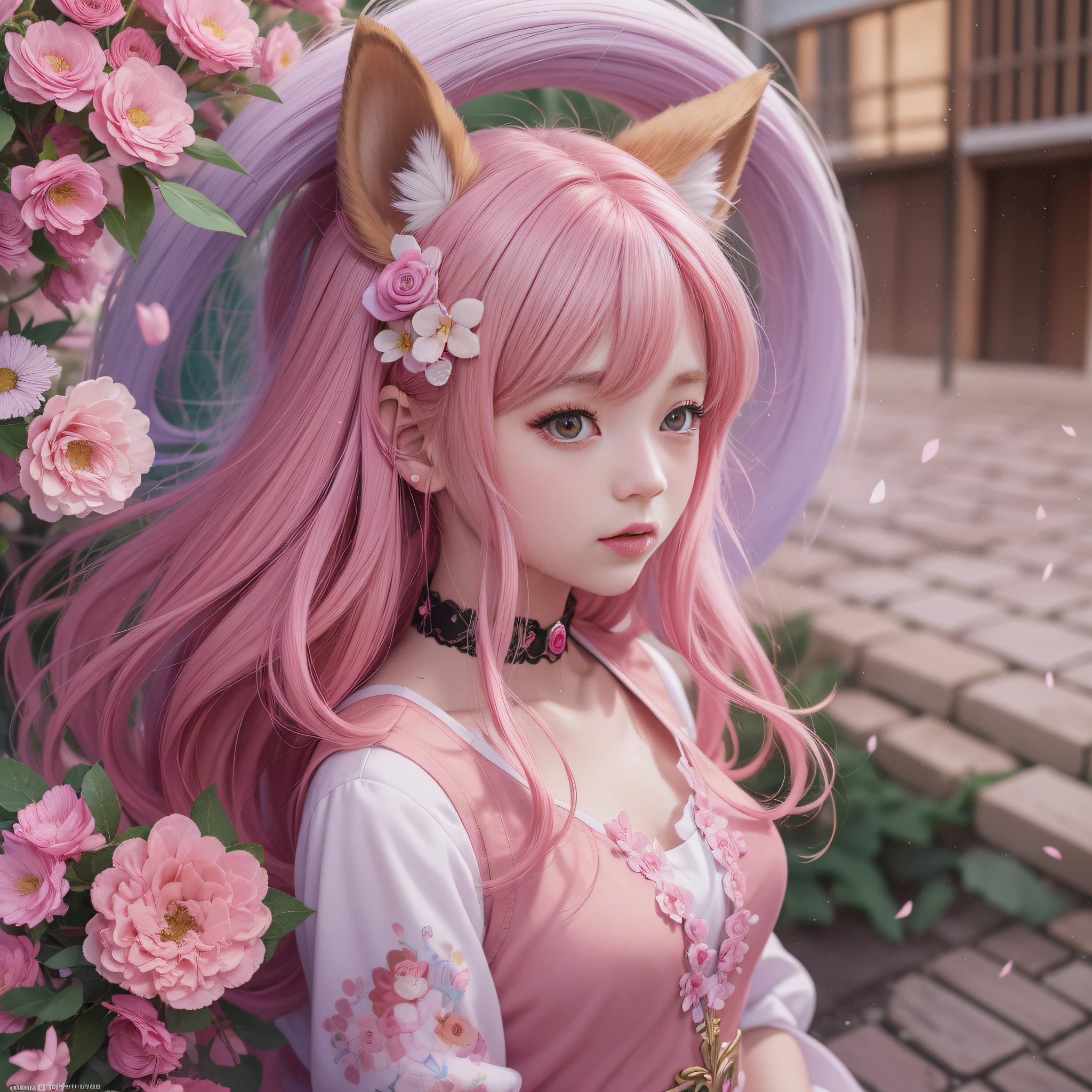 Anime girl with pink hair and pink dress with flowers on her hair, very beautiful anime fox girl, beautiful anime fox girl, beautiful fantasy anime, guweiz, anime girl with fox ears, beautiful anime girl, very pretty cute fox girl, pink flower rain, background blur, anime style 4 K, anime fantasy artwork, 4k anime wallpaper, guvez style artwork