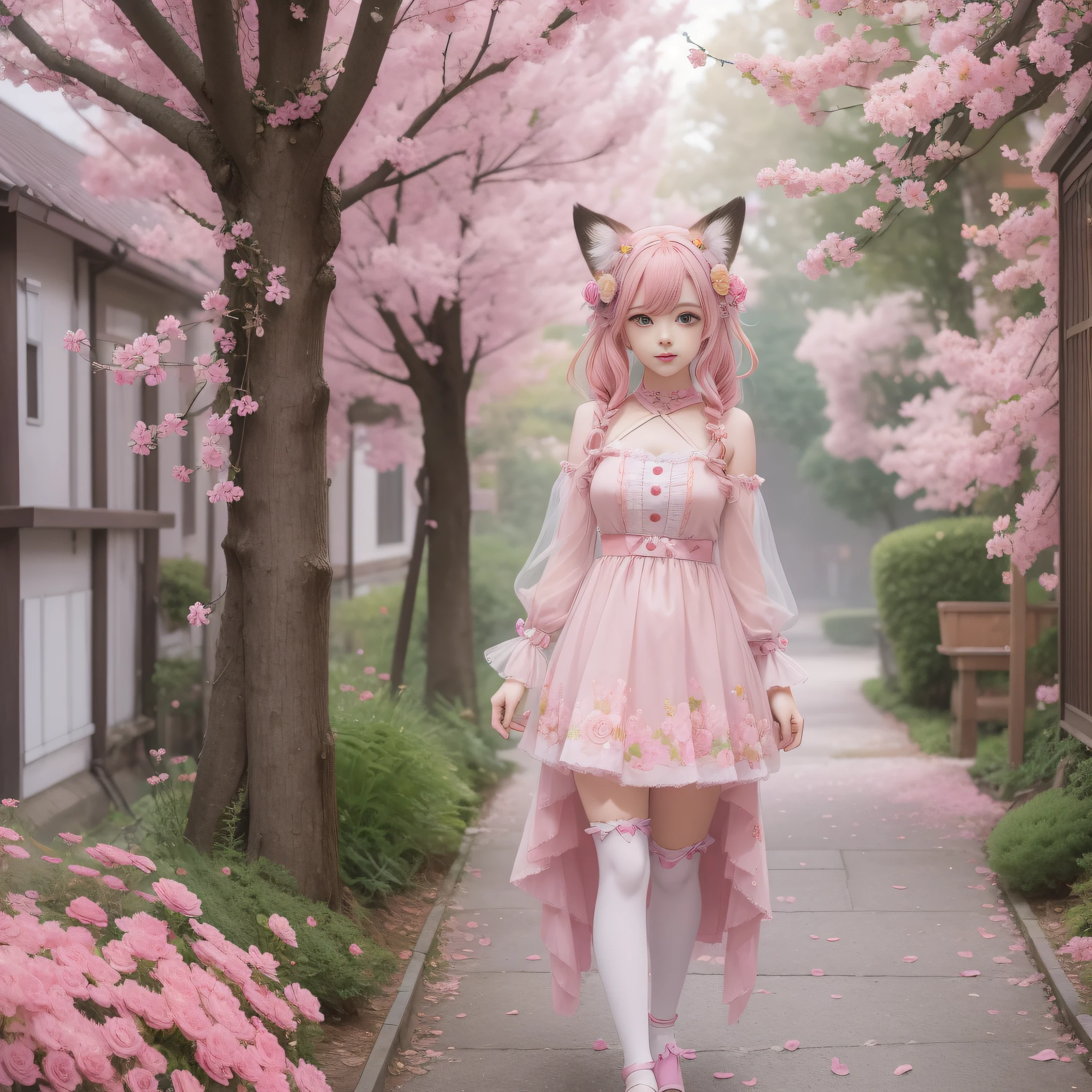 Anime girl with pink hair and pink dress with flowers on her hair, very beautiful anime fox girl, beautiful anime fox girl, beautiful fantasy anime, guweiz, anime girl with fox ears, beautiful anime girl, very pretty cute fox girl, pink flower rain, background blur, anime style 4 K, anime fantasy artwork, 4k anime wallpaper, guvez style artwork