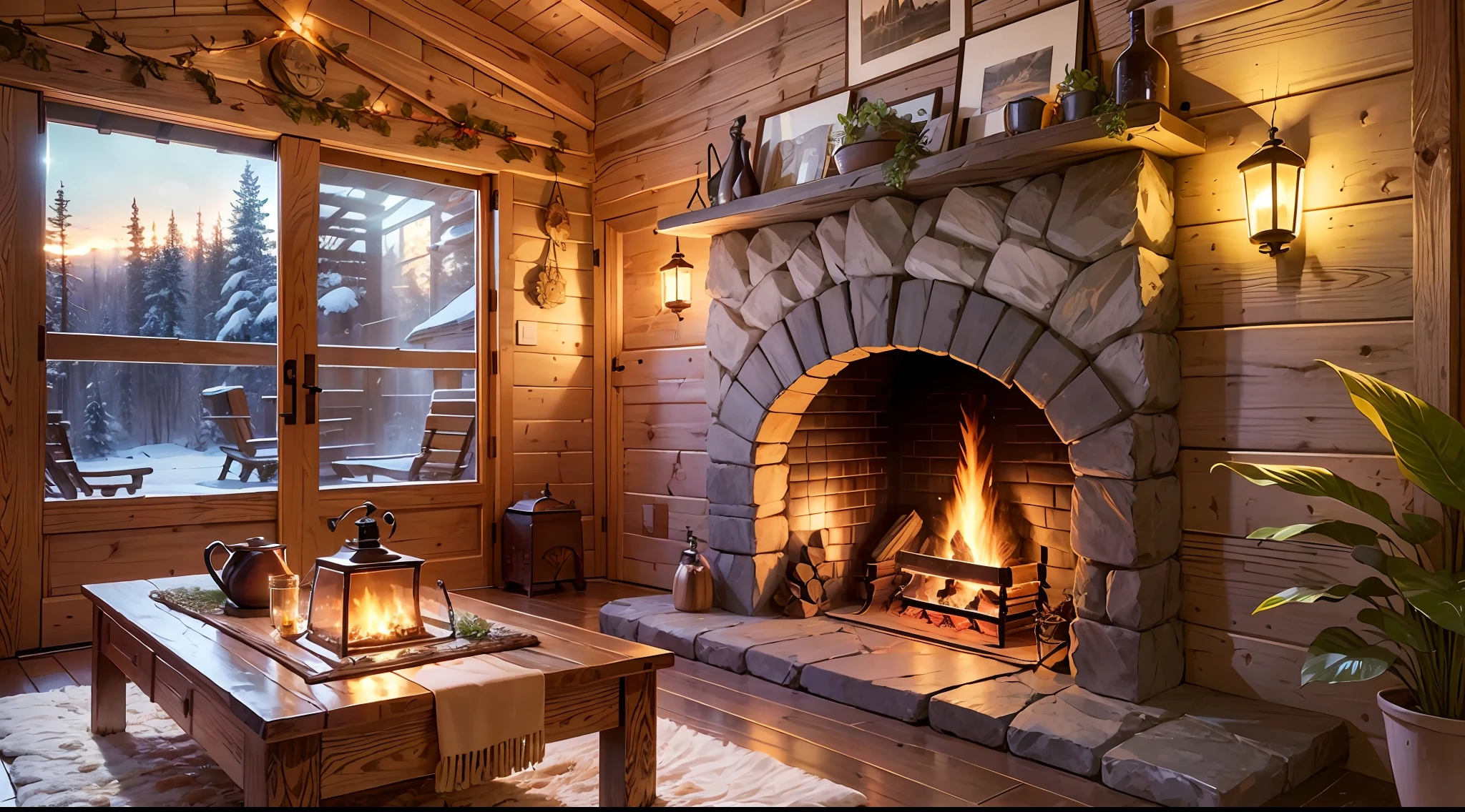 THIS EVENING WOODEN CABIN LIVING ROOM ANIME BACKGROUND, (COZY ATMOSPHERE), (SUBTLE LIGHTING), BRIGHT STONE FIREPLACE FIRE, LIONSKIN RUG THIS EVENING BEST QUALITY, TRANSPARENT GLASS WINDOWS --auto --s2