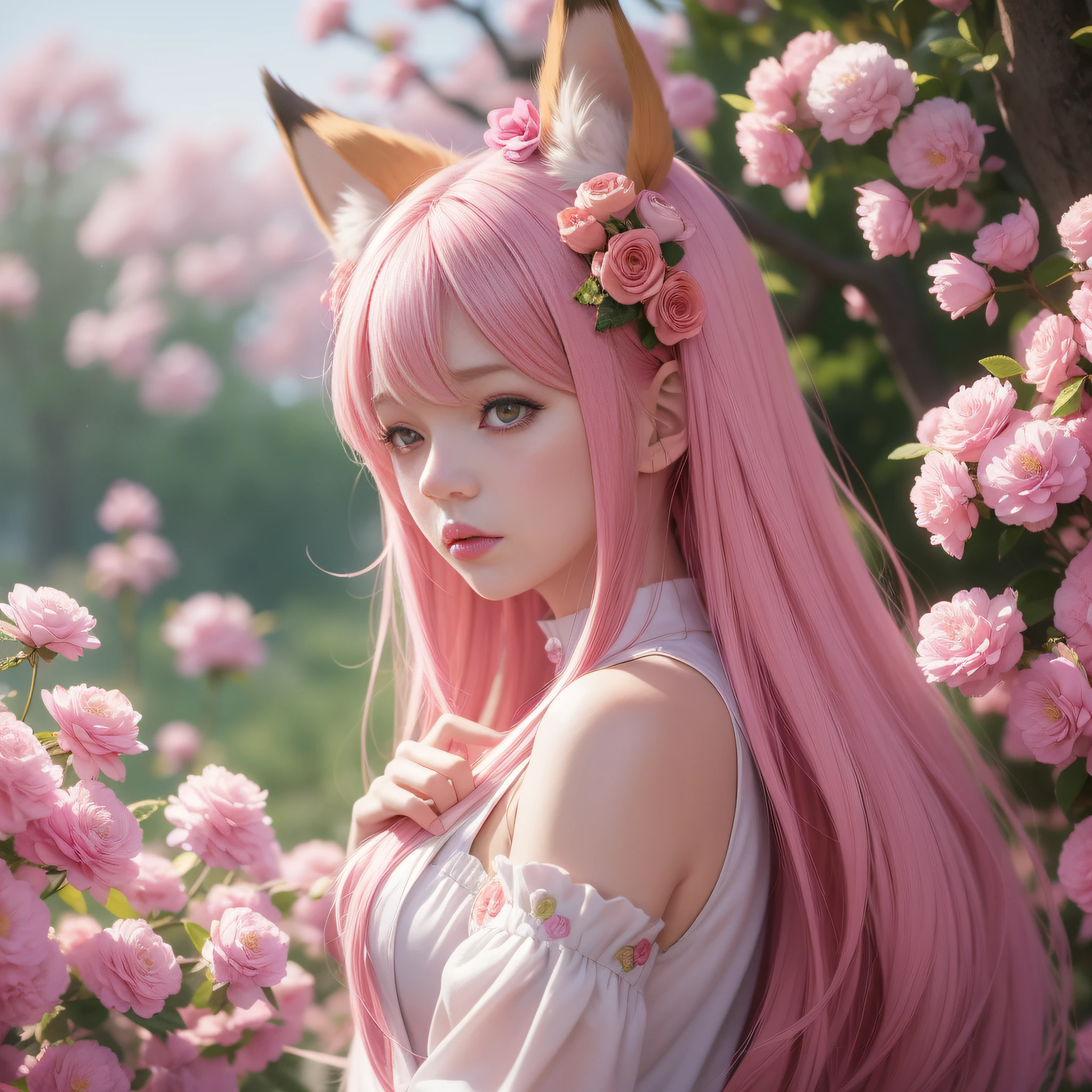 Anime girl with pink hair and pink dress with flowers on her hair, very beautiful anime fox girl, beautiful anime fox girl, beautiful fantasy anime, guweiz, anime girl with fox ears, beautiful anime girl, very pretty cute fox girl, pink flower rain, background blur, anime style 4 K, anime fantasy artwork, 4k anime wallpaper, guvez style artwork