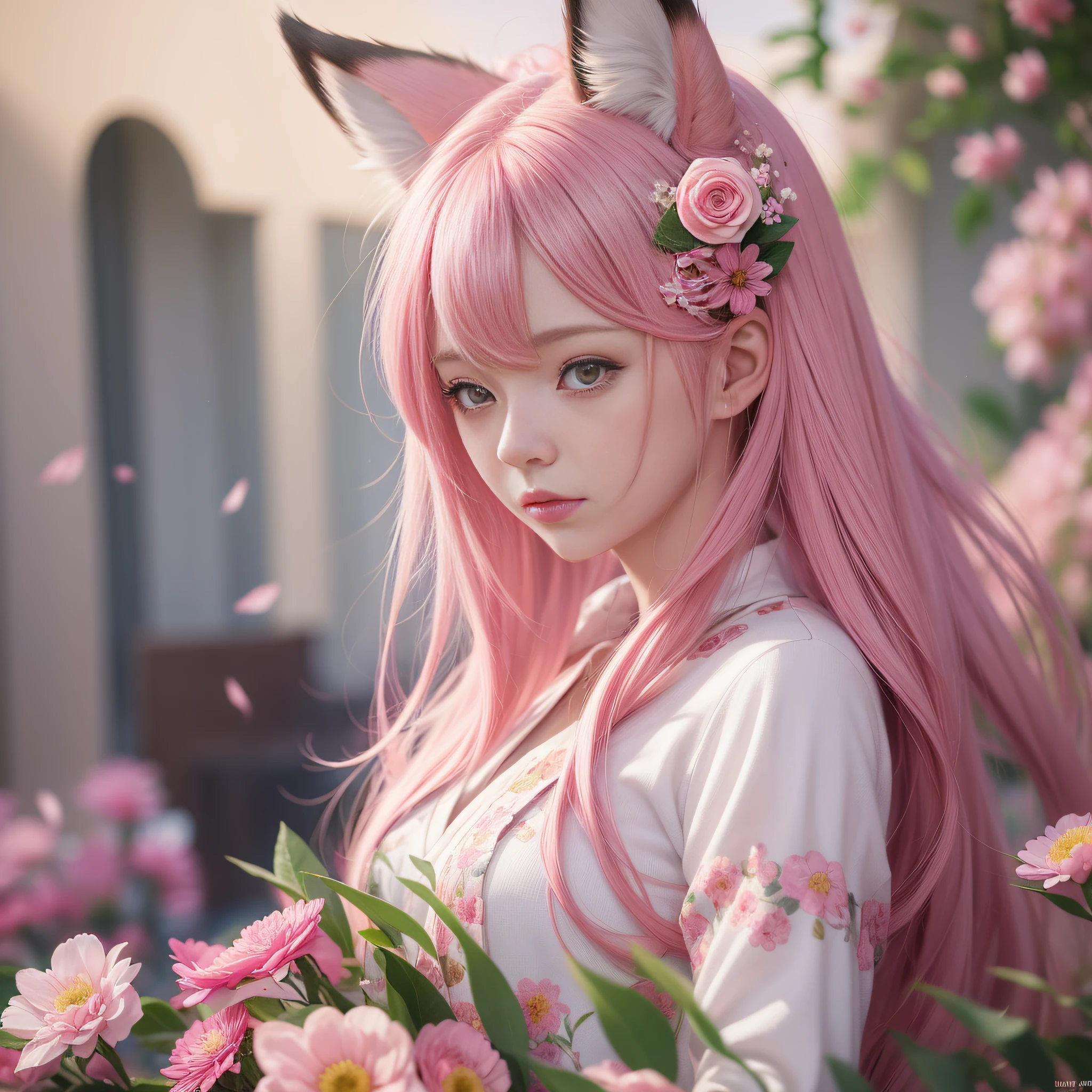 Anime girl with pink hair and pink dress with flowers on her hair, very beautiful anime fox girl, beautiful anime fox girl, beautiful fantasy anime, guweiz, anime girl with fox ears, beautiful anime girl, very pretty cute fox girl, pink flower rain, background blur, anime style 4 K, anime fantasy artwork, 4k anime wallpaper, guvez style artwork