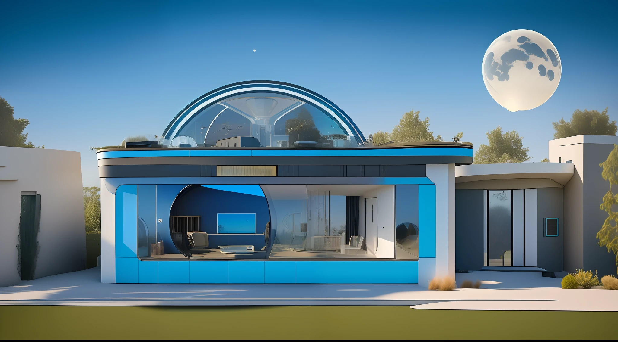 an extremely complex futuristic and advanced steampunk house, a flying vehicle in the garage, sci fi, lots of technology on the walls of the house, Airlock, decoration technology, (Siliconpunk:1) normal small houses next door, blue lawn, 2 sun in the sky, 2 moon in the sky, 200mm lens, high quality, high definition, uhd,