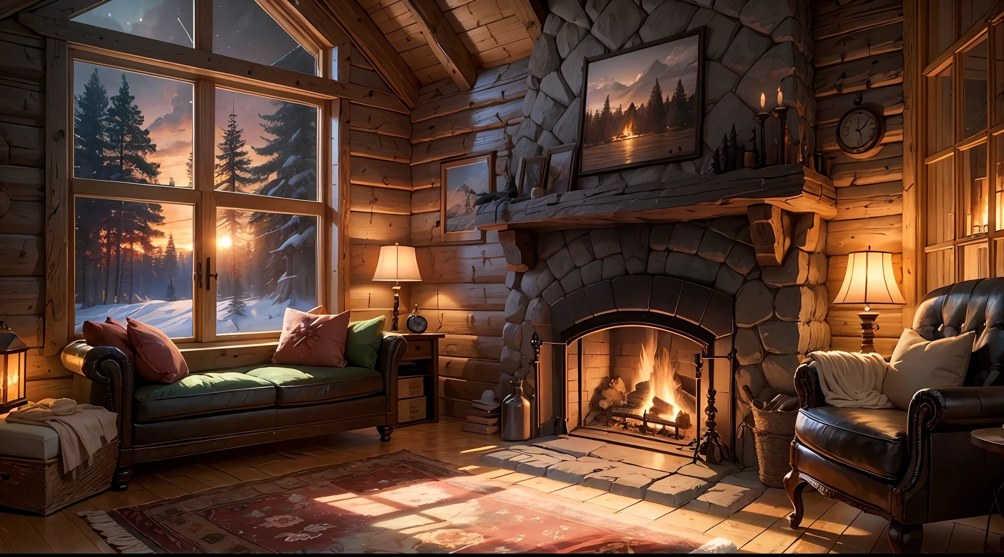 THIS EVENING WOODEN CABIN LIVING ROOM ANIME BACKGROUND, (COZY ATMOSPHERE), (SUBTLE LIGHTING), BRIGHT STONE FIREPLACE FIRE, LIONSKIN RUG THIS EVENING BEST QUALITY, TRANSPARENT GLASS WINDOWS