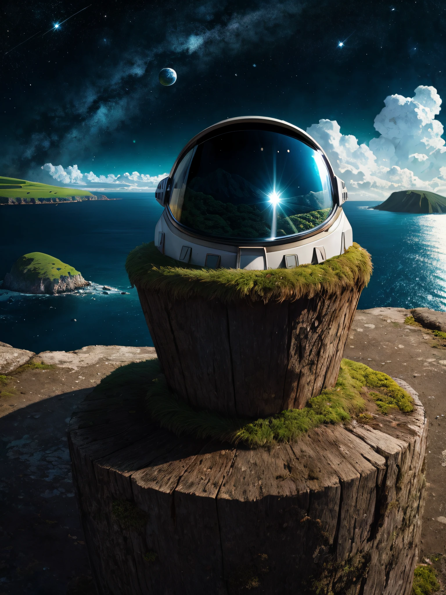 moss, (space helmet), island, coastal road, road, High Detail, dramatic light, high contrast, best quality, nature, (landscape view), expressionistic, small boats, (cartoon:0.3), medium shot,