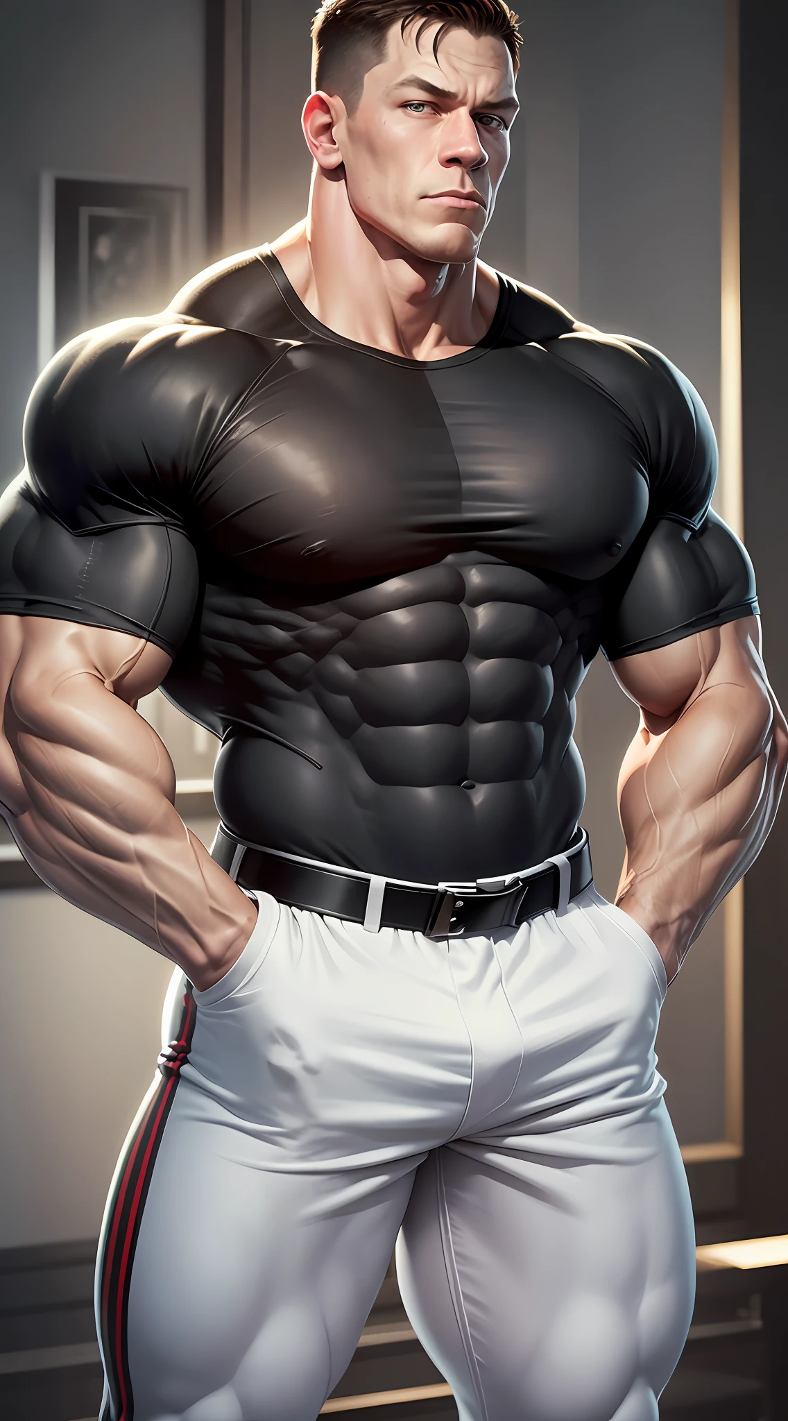 John cena, bodybuilder, tall and muscular, big muscle, tight black t-shirt, military, high quality --auto --s2