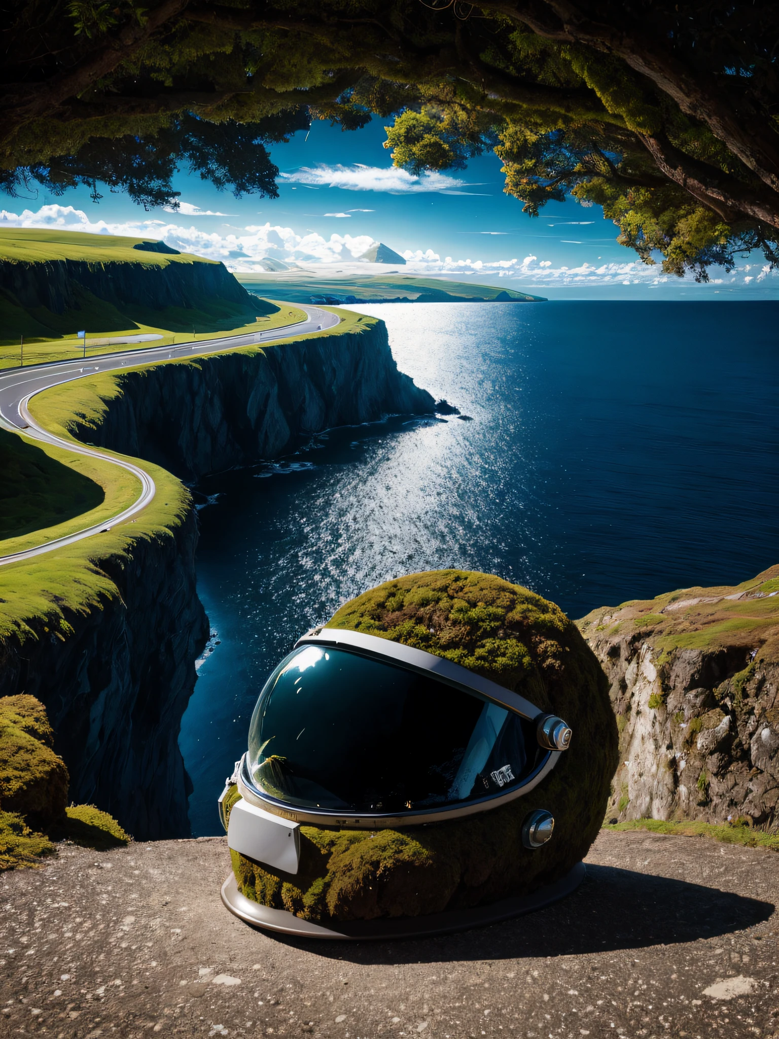 moss, (space helmet), island, coastal road, road, High Detail, dramatic light, high contrast, best quality, nature, (landscape view), expressionistic, small boats, (cartoon:0.3), medium shot,