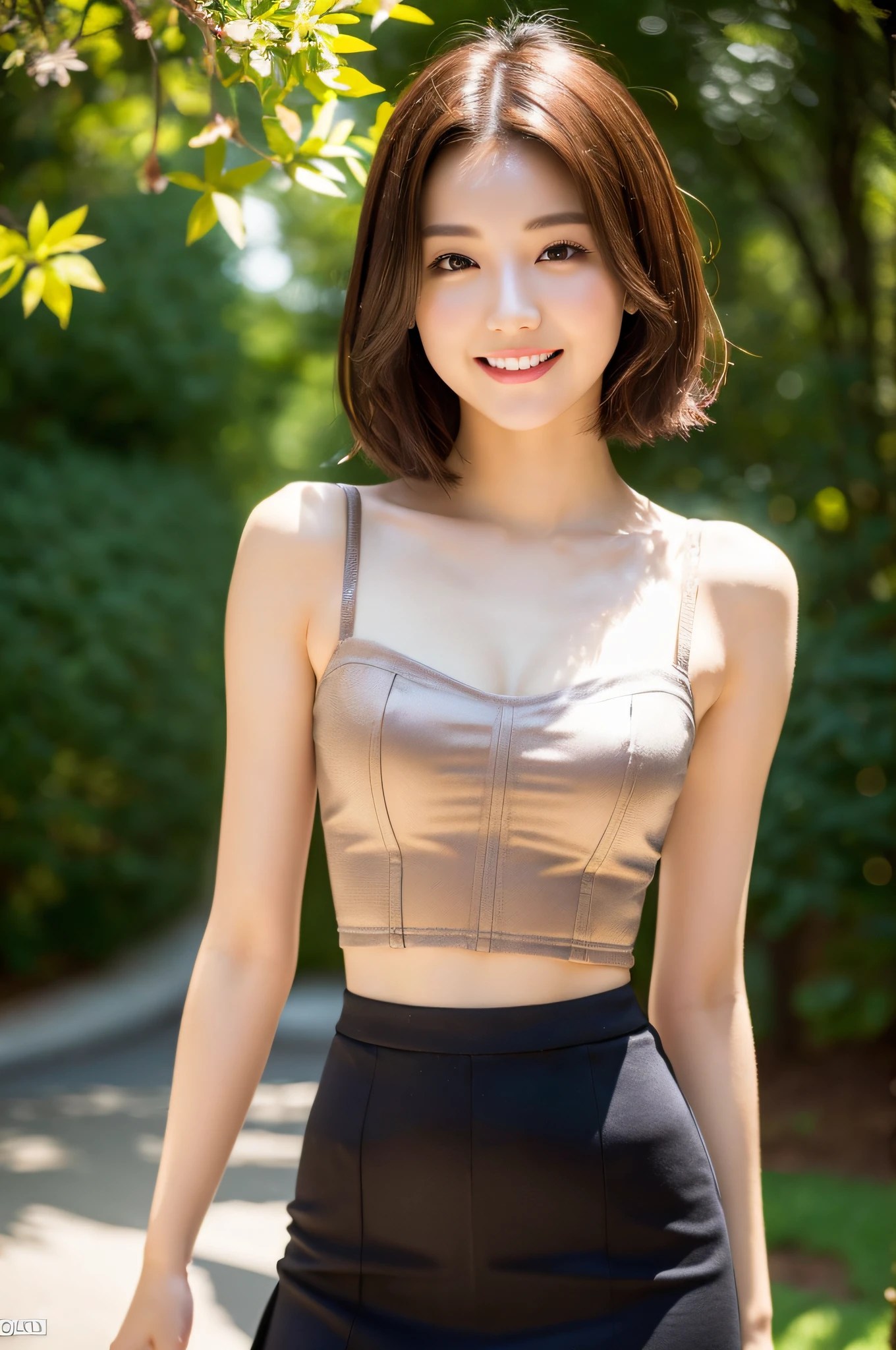 (8k, highest quality, masterpiece: 1.2), ultra detail, highest quality, ultra high resolution, professional lighting, photon mapping, radiosity, physically based rendering, cinematic lighting, depth of field, focusing, sunbeams, good composition, (bokeh: 1.2), 1 girl, (full body), smile, beautiful eyes, pose, constriction, brown hair, short hair, bustier top, skirt, park