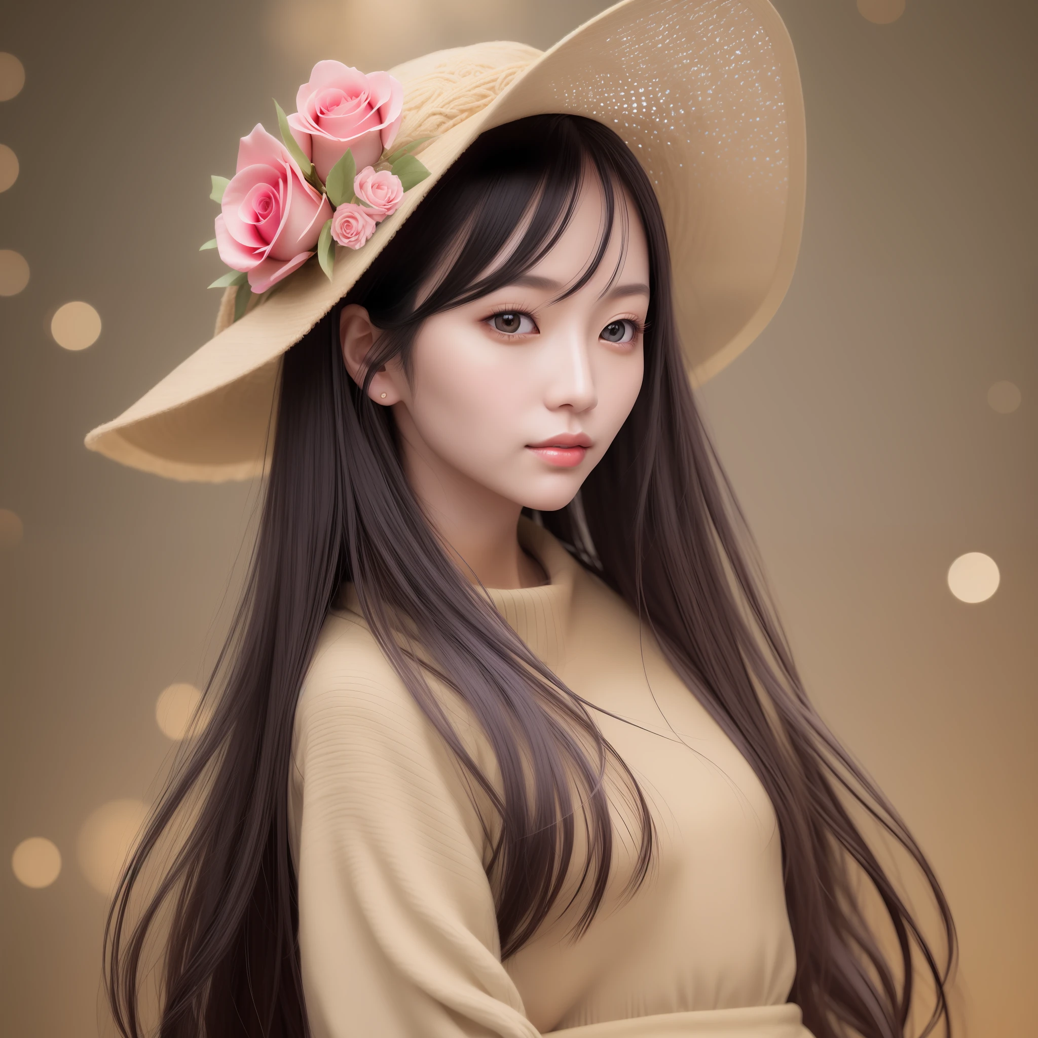 Beautiful Japan woman, nice perfect face with soft skin, small face with nose and rose-like lips, beautiful eyes, beautiful smile. Black, thin and long beautiful hair bathed in a bright etheric shine. Cowboy shot, beige ensemble knit and wide pants, bright colorful background, photorealistic, masterpiece, highest quality, super detail, HDR, 8K