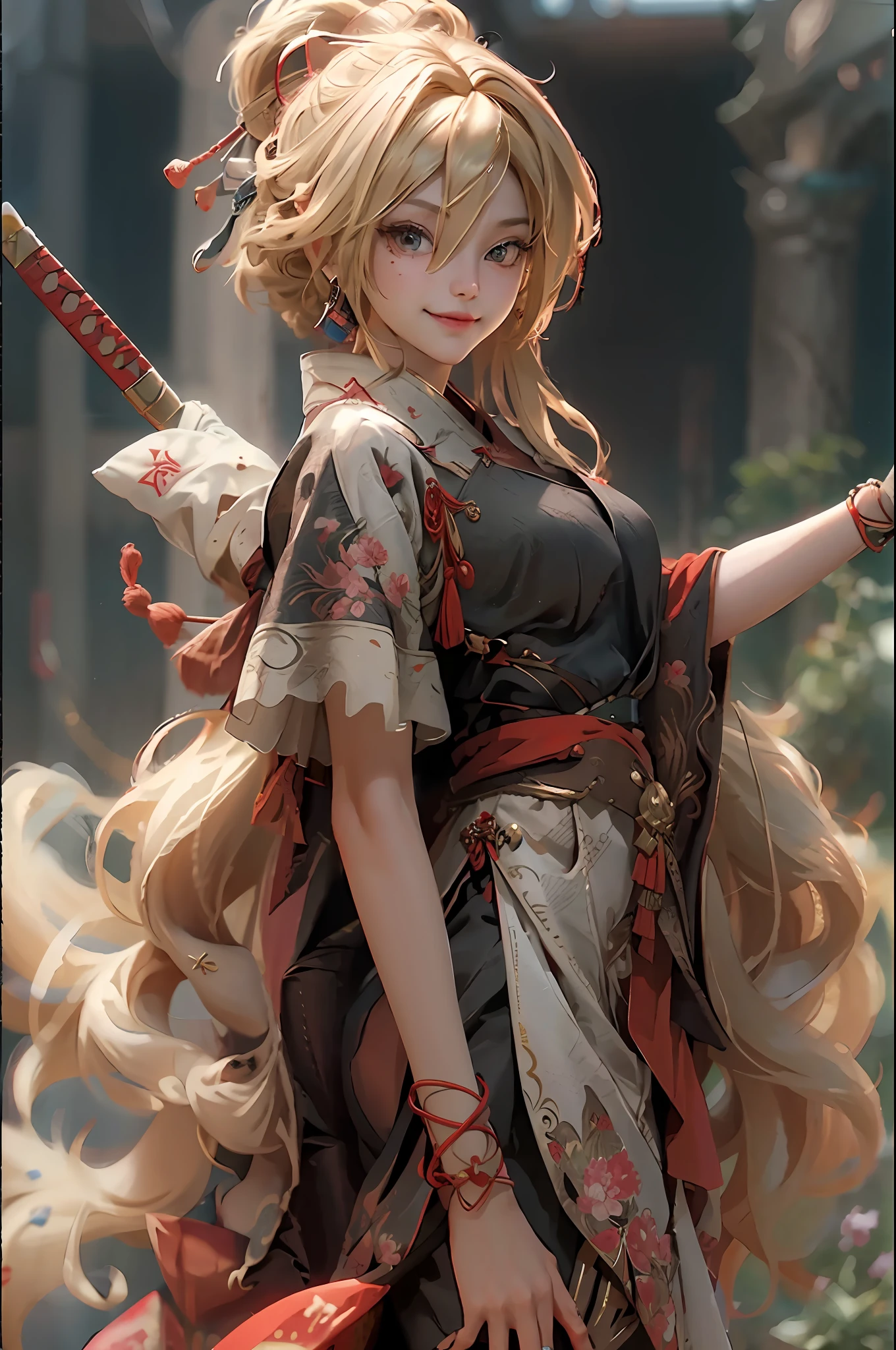 (RAW Photo, Best Quality), (Realistic, Photo Real: 1.3), Best Quality, Highly Detailed, Masterpiece, Hyper Detail, Illustration, 1 Girl, Smile, Blonde Hair, Red Clothes, Red Tang Costume, Wield a Swords, upper_body, Dynamic Angle, World Mastery Theater, Flying Long Hair, Fluores cent Red, Dynamic Fire Inbackground, Best Quality , extremely detailed CG unified 8k wallpapers, ink, amazing, movie lights, lens_flare, wuxia_style