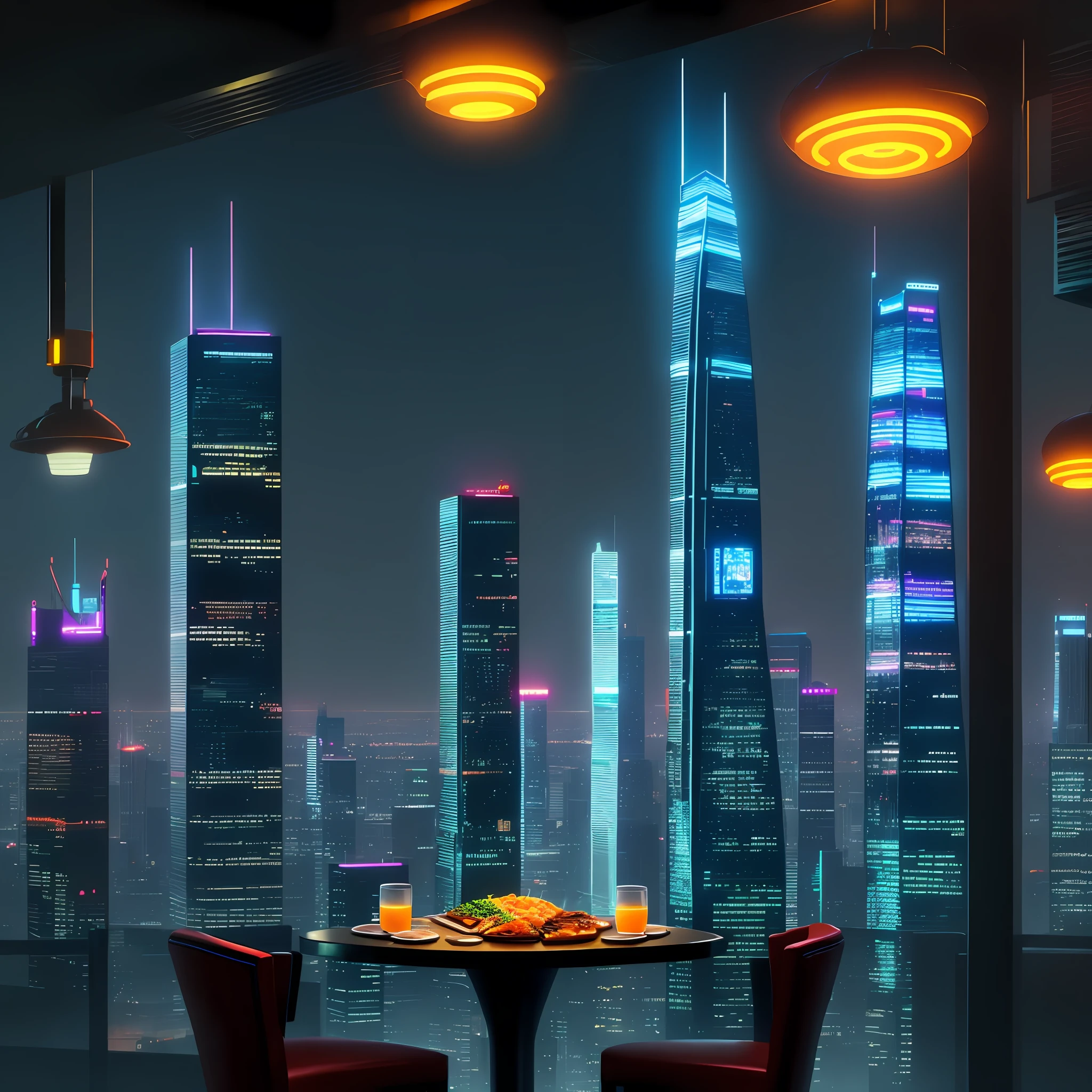 Dining with skyscrapers Restaurant Night view Neon Cyberpunk Big city