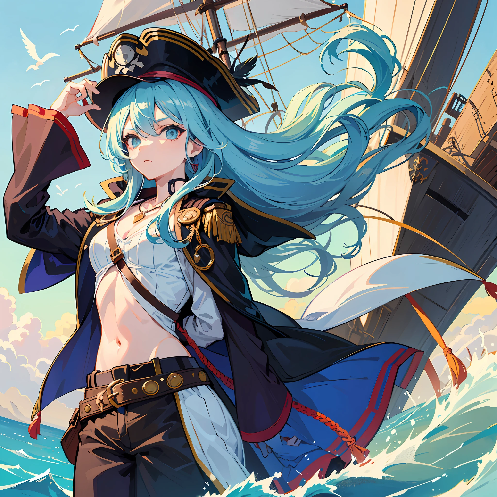 Create a picture of an anime girl with long, wavy light blue hair. She has a tough and adventurous personality, as if she were a ship captain. The clothing she wears depicts the style of a pirate, with distinctive touches and striking details. Perhaps she wears a hat with feathers, a captain's jacket with collar and ropes, and comfortable yet stylish pants. Include accessories such as belt ropes, a necklace, or appropriate jewelry that fits the theme. Her facial expression can reflect bravery and determination. Give her a pose that showcases strength and leadership. Show the spirit of adventure and a free-spirited nature in the picture you create.