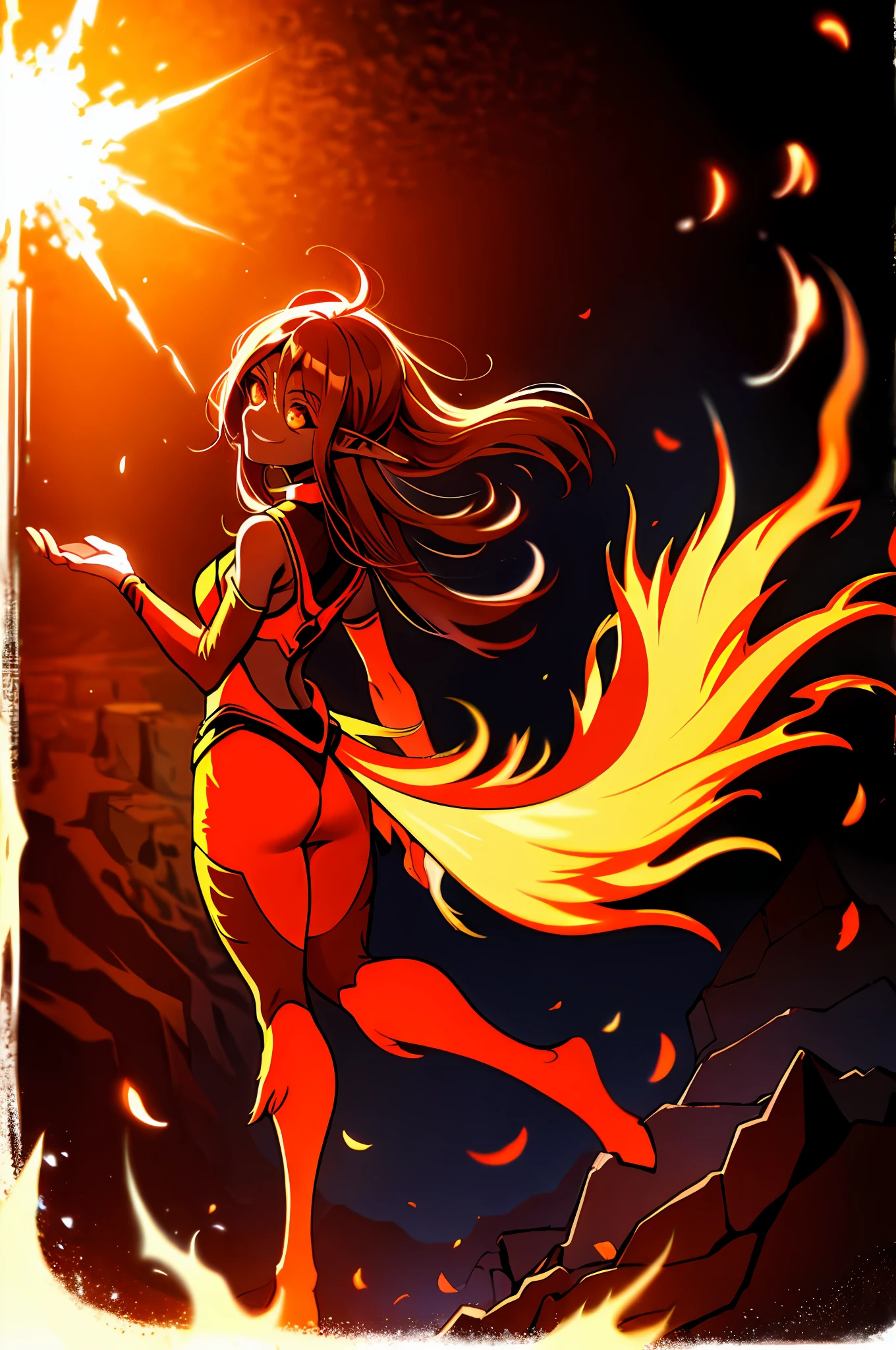 Anime girl spirit of fire, dark skin, orange eyes, pointed ears, flames around the body, beautiful flowers, on the background of a volcanic cave, rich colors, beautiful shader, backlight, normal legs, two legs, front view, smiles