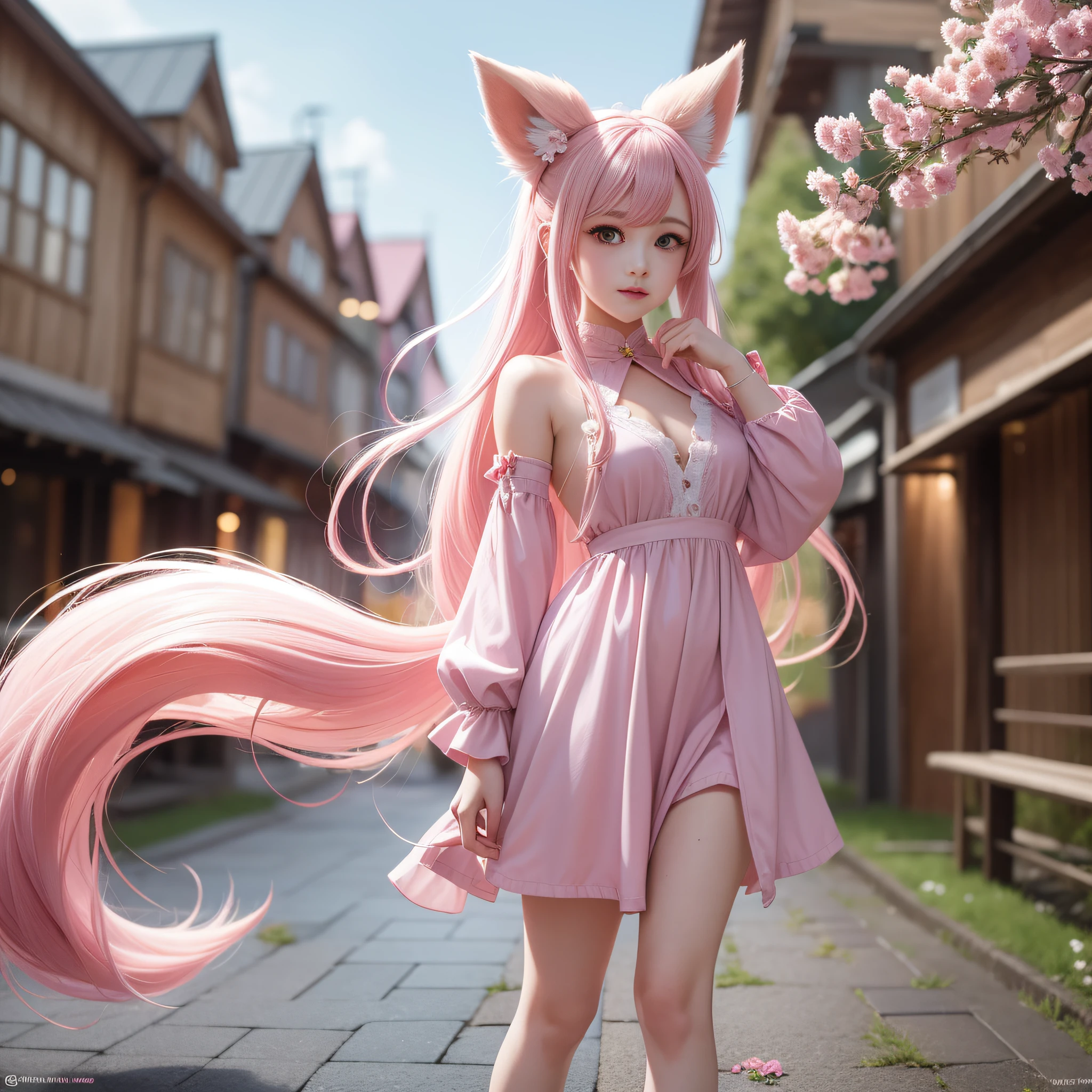 Anime girl with pink hair and pink dress with flowers on her hair, very beautiful anime fox girl, beautiful anime fox girl, beautiful fantasy anime, guweiz, nine-tailed sky fox, anime girl with fox ears, beautiful anime girl, very pretty cute fox girl, pink flower rain, background blur, anime style 4 K, anime fantasy artwork, 4k anime wallpaper, Guvez style artwork