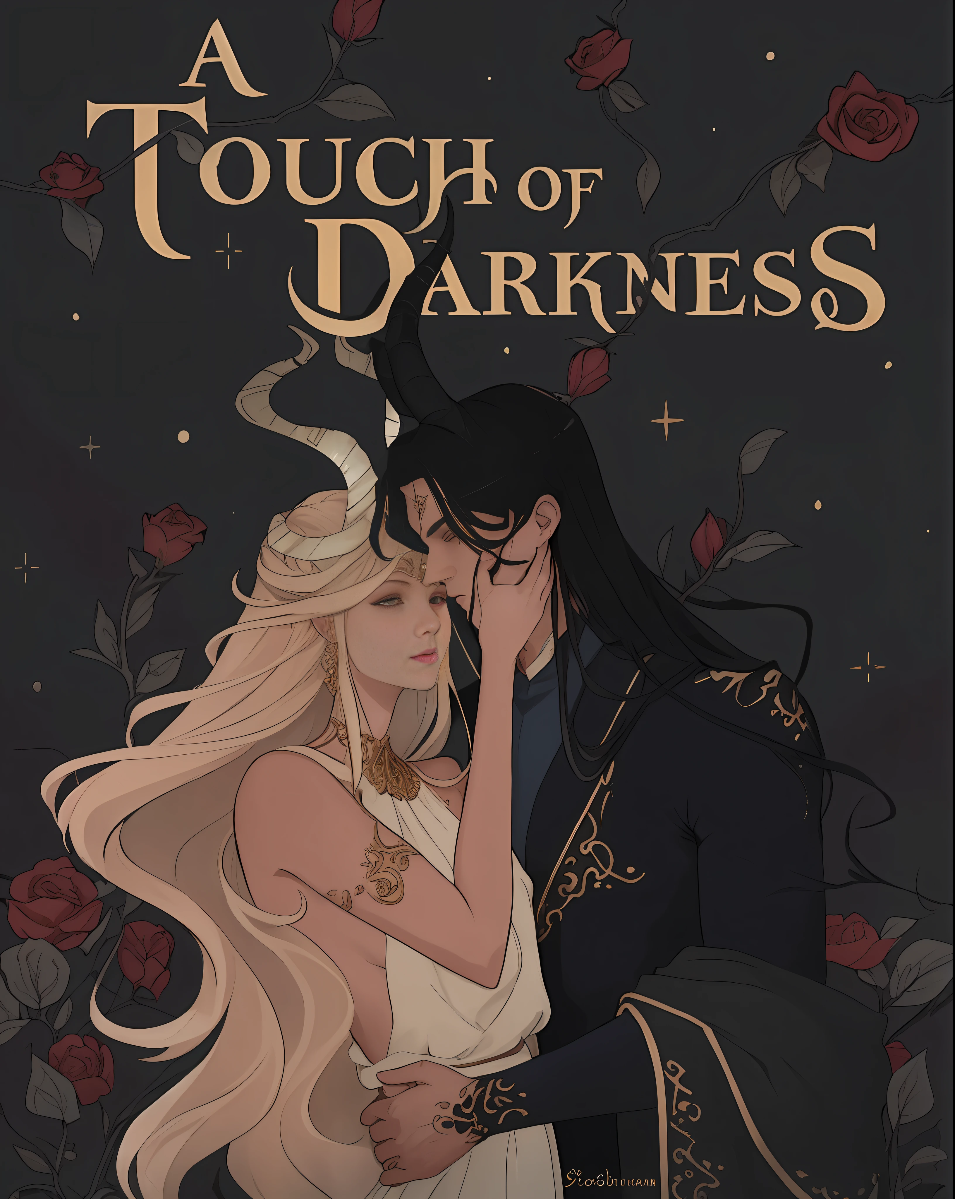 1man, 1girl, "Describe a scene in the realm of the dead in which the Greek god Hades and the Greek goddess Persephone are together. Both exhibit stunning beauty, standing out among the divine beings. Hades, The Male Greek God with his imposing and dark presence, has long black hair that flows like seductive shadows. His austere appearance is complemented by majestic black horns that curve elegantly around his head. His eyes, deep as the abyss, glow brightly in a mesmerizing shade of blue, conveying mystery and power. His beauty is so overwhelming that it makes even the gods bow before him. Next to him is Persephone, the female Greek goddess of spring and queen of the underworld. Persephone radiates a captivating luminosity, embellishing the realm of the dead with her presence. Her blonde hair, like strands of gold, glows brightly, contrasting with the darkness around her. Delicate white horns adorn his head, highlighting his connection to the heavenly and earthly realms. His eyes, of an enchanting green, reflect the wisdom and serenity of nature. Its beauty is so radiant that it envelops the hearts of mortals and immortals in an eternal fascination. Despite the marked differences in their appearances, Hades and Persephone share a deep bond and a special connection. They embody the duality of life and death, finding balance in the love they nurture for each other. The scene depicts their powerful union, radiating a magnetic aura that transcends the divine realms."