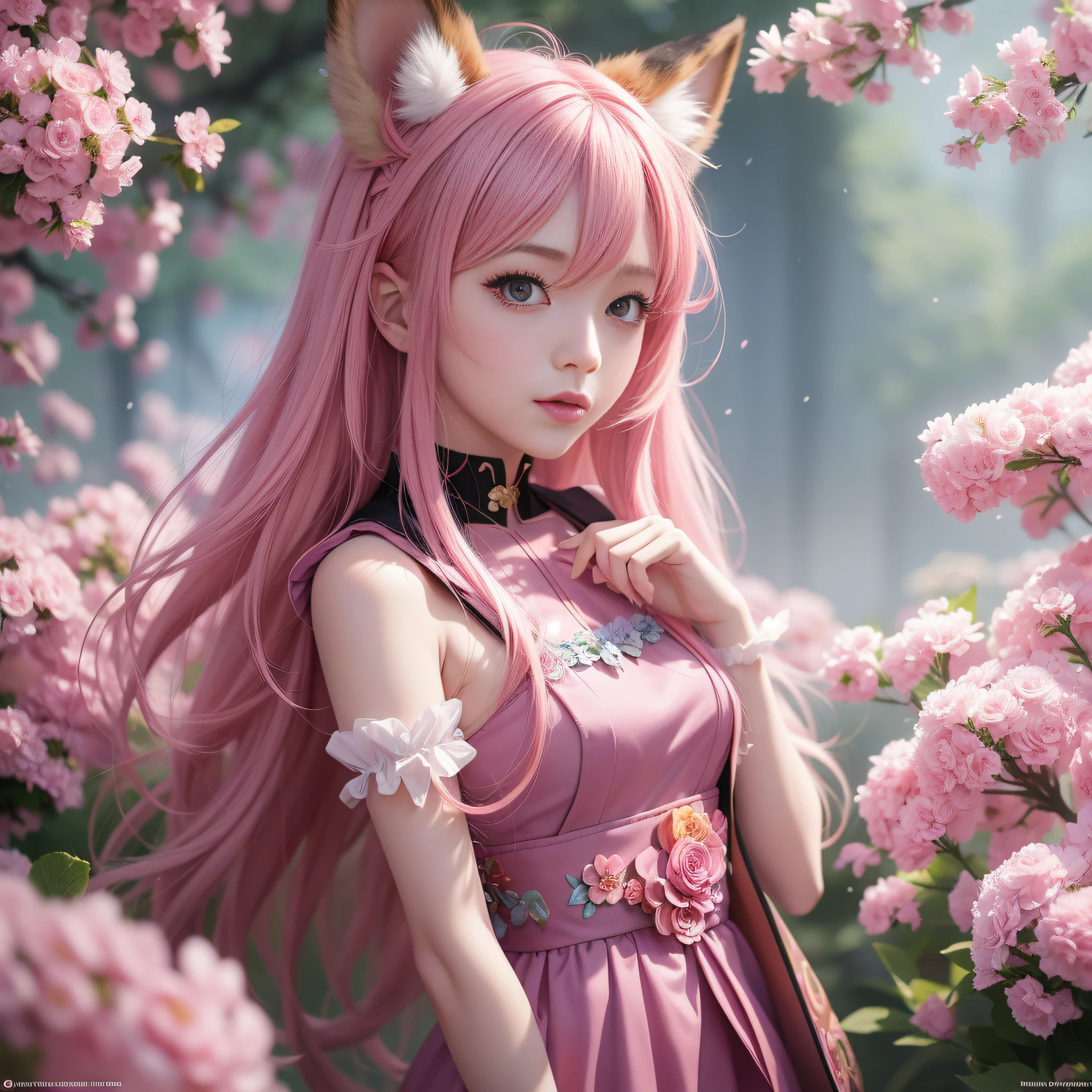 Anime girl with pink hair and pink dress with flowers on her hair, very beautiful anime fox girl, beautiful anime fox girl, beautiful fantasy anime, guweiz, nine fox tails, milky fox tail, anime girl with fox ears, beautiful anime girl, very pretty and cute fox girl, pink flower rain, background blur, anime style 4 K, anime fantasy artwork, 4k anime wallpaper, guvez style artwork