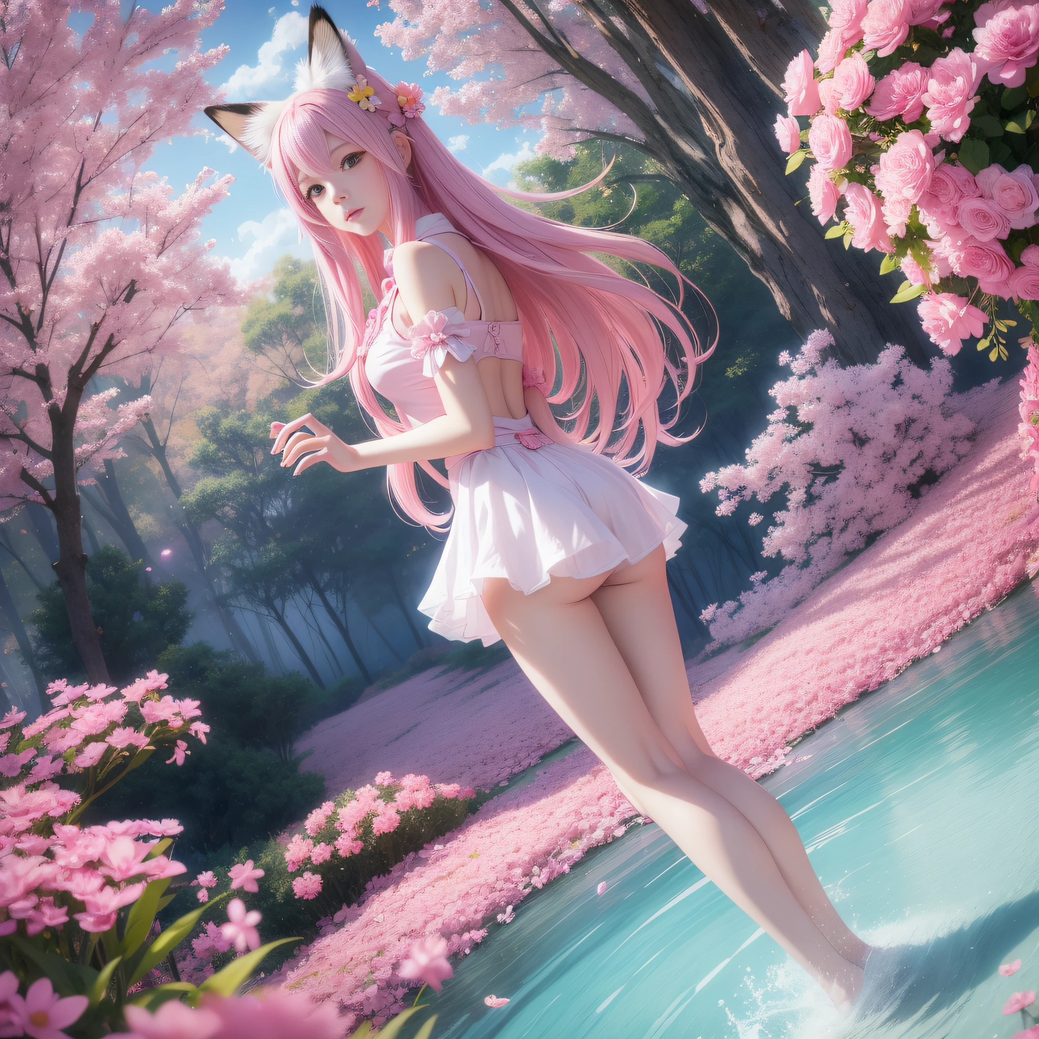 Anime girl with pink hair and pink dress with flowers on her hair, very beautiful anime fox girl, beautiful anime fox girl, beautiful fantasy anime, guweiz, nine fox tails, milky fox tail, anime girl with fox ears, beautiful anime girl, very pretty and cute fox girl, pink flower rain, background blur, anime style 4 K, anime fantasy artwork, 4k anime wallpaper, guvez style artwork