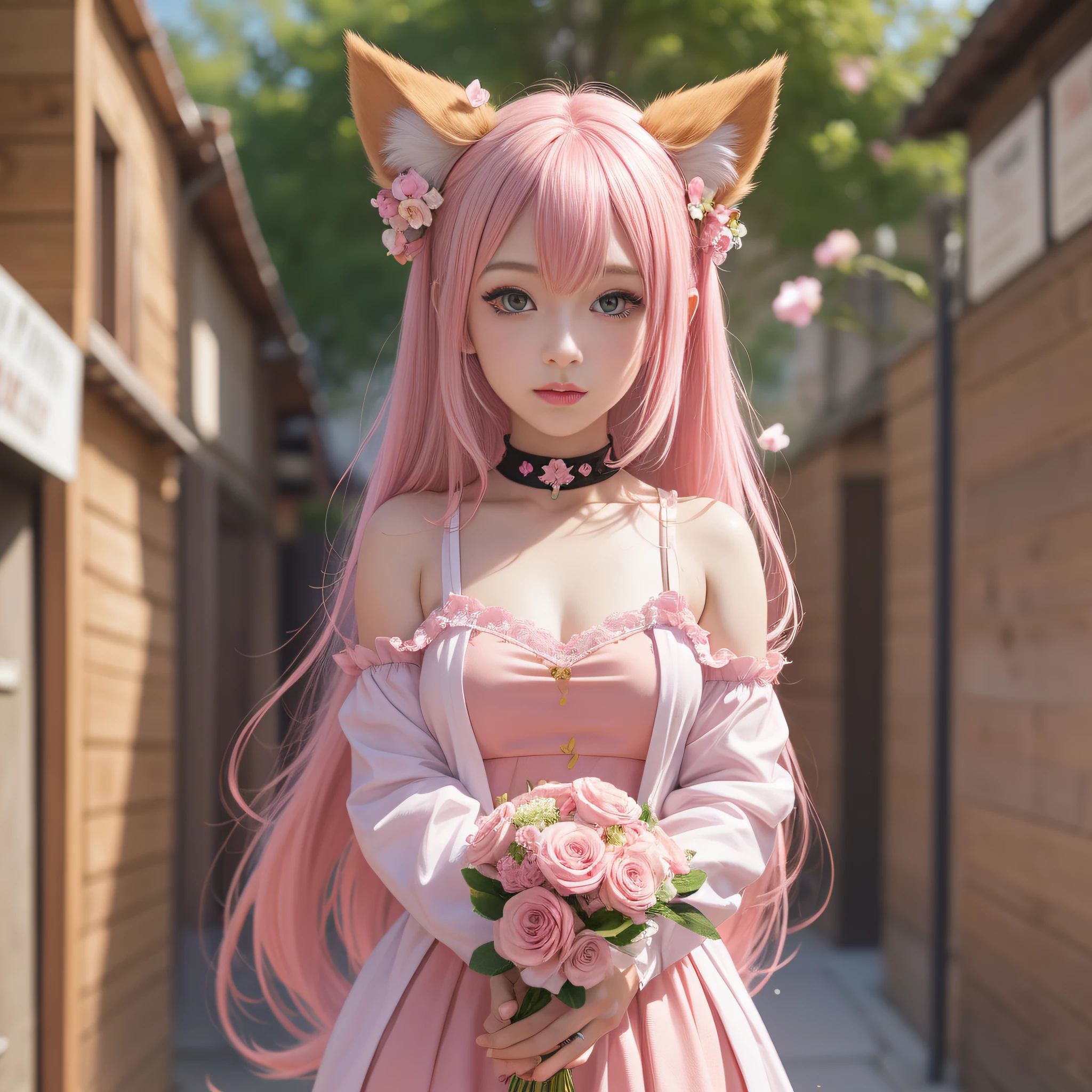 Anime girl with pink hair and pink dress with flowers on her hair, very beautiful anime fox girl, beautiful anime fox girl, nine fox tails, milky fox tail, beautiful fantasy anime, guweiz, anime girl with fox ears, beautiful anime girl, very pretty cute fox girl, pink flower rain, background blurring, anime style 4 K, anime fantasy artwork, 4k anime wallpaper, guvez style artwork