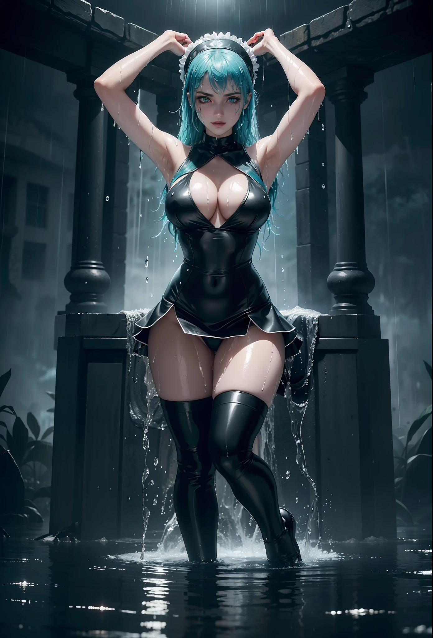 ((Full body photo)). Laura/woman with large breasts is standing, ((wearing black maid's outfit with white/extremely tight parts on her body and maid's headdress on her head)), she is inside a graveyard at night this (raining hard and thundering very hard), her (head/clothing/body soaked in water:1.4), she is looking at the viewer, smiling,  Doing pose. She has (blue hair:1.2) and (green eyes:1.2), Mortal Kombat, anime, framed, symmetry, 16k, best quality, super detail, textured skin, UHD