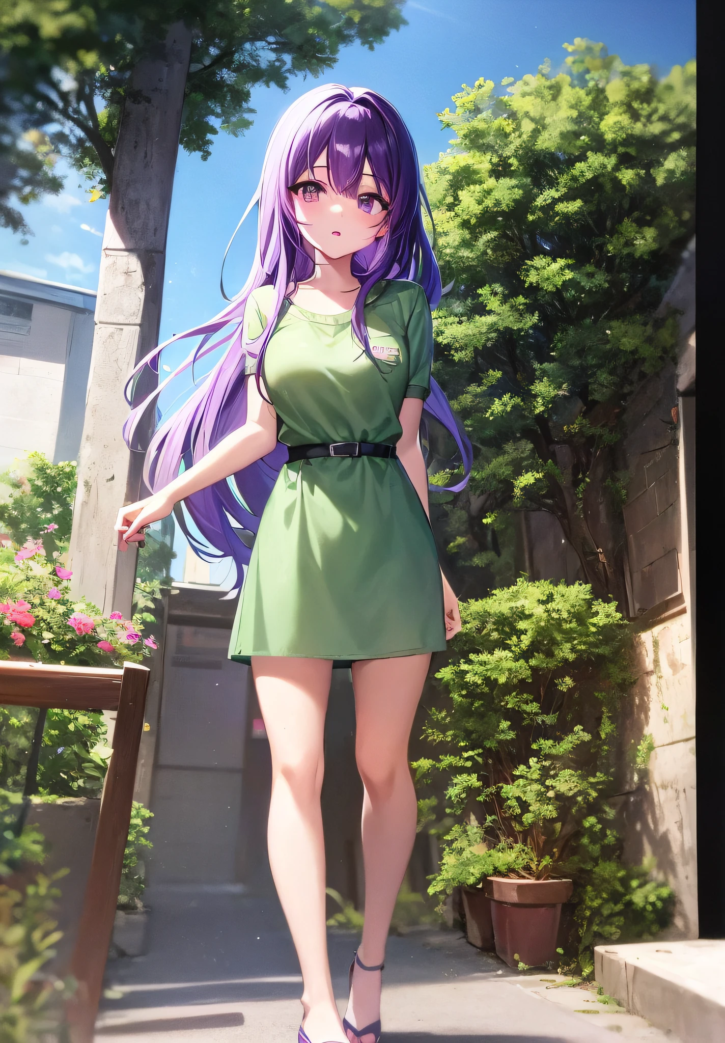 anime girl with purple hair and green shirt walking down a street, anime moe artstyle, anime visual of a cute girl, guweiz, official artwork, misato katsuragi, official art, artwork in the style of guweiz, smooth anime cg art, made with anime painter studio, high detailed official artwork, young anime girl, anime style 4 k
