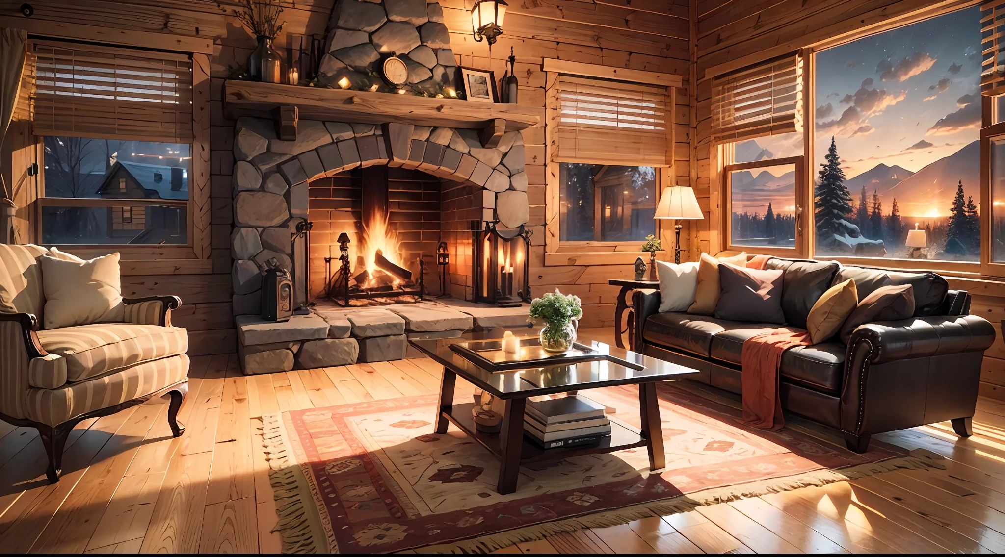 THIS EVENING WOODEN CABIN LIVING ROOM ANIME BACKGROUND, (COZY ATMOSPHERE), (SUBTLE LIGHTING), BRIGHT STONE FIREPLACE FIRE, THIS BEST QUALITY EVENING FLOOR, TRANSPARENT GLASS WINDOWS