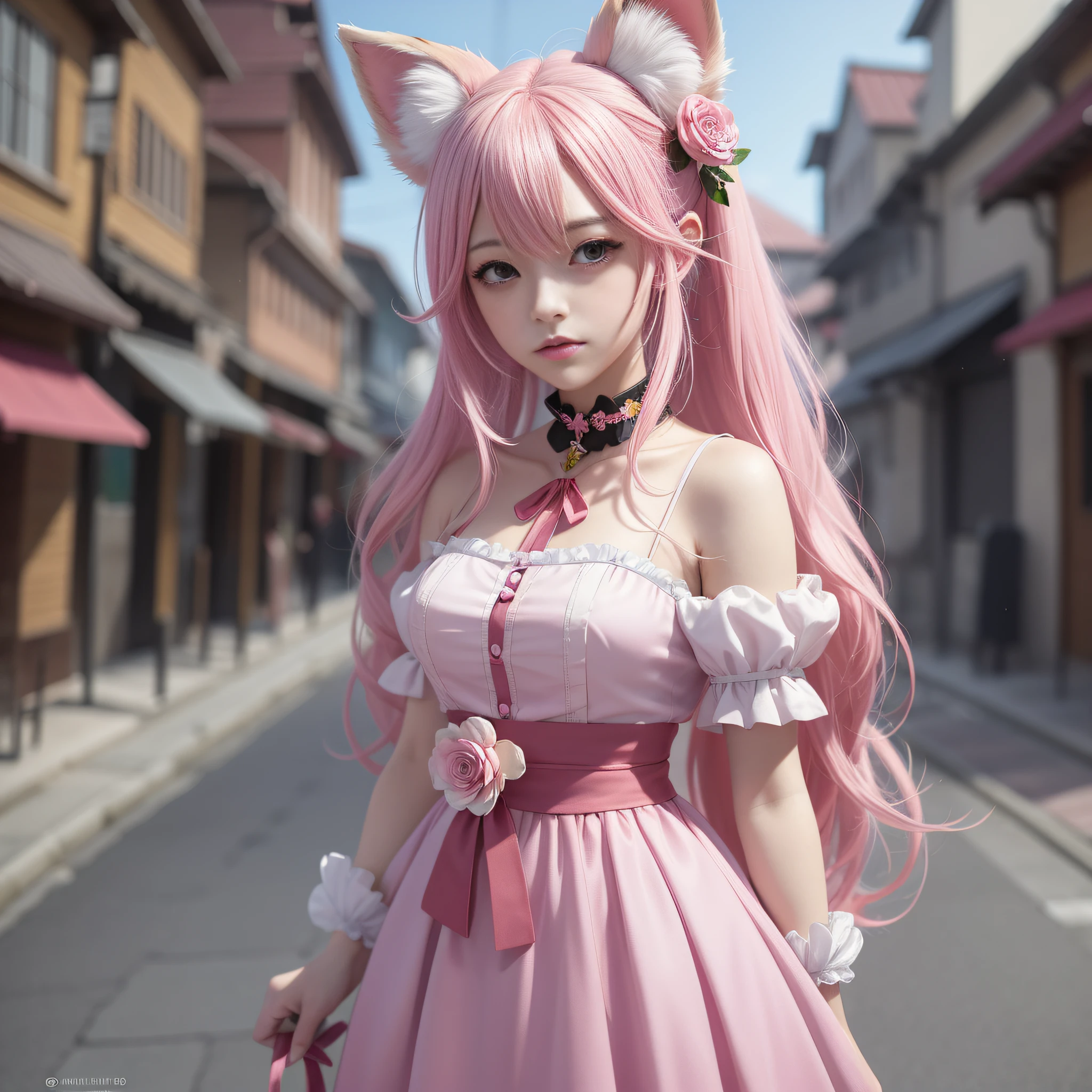 Anime girl with pink hair and pink dress with flowers on her hair, very beautiful anime fox girl, beautiful anime fox girl, nine snow-white fox tails (1.0), milky fox tail (1.0), beautiful fantasy anime, guweiz, anime girl with fox ears, beautiful anime girl, very pretty and cute fox girl, pink flower rain, background blur, anime style 4 K, anime fantasy artwork, 4k anime wallpaper, Guvez style artwork