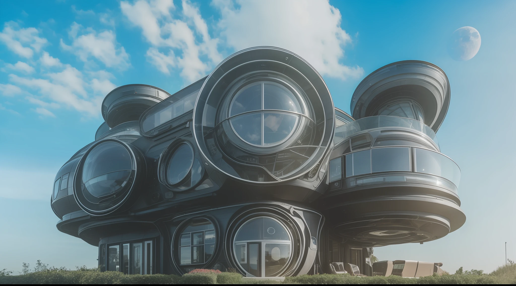 an extremely complex futuristic and advanced steampunk house, a flying vehicle in the garage, sci fi, lots of technology on the walls of the house, Airlock, decoration technology, (Siliconpunk:1) normal small houses next door, blue lawn, 2 sun in the sky, 2 moon in the sky, 200mm lens, high quality, high definition, uhd,