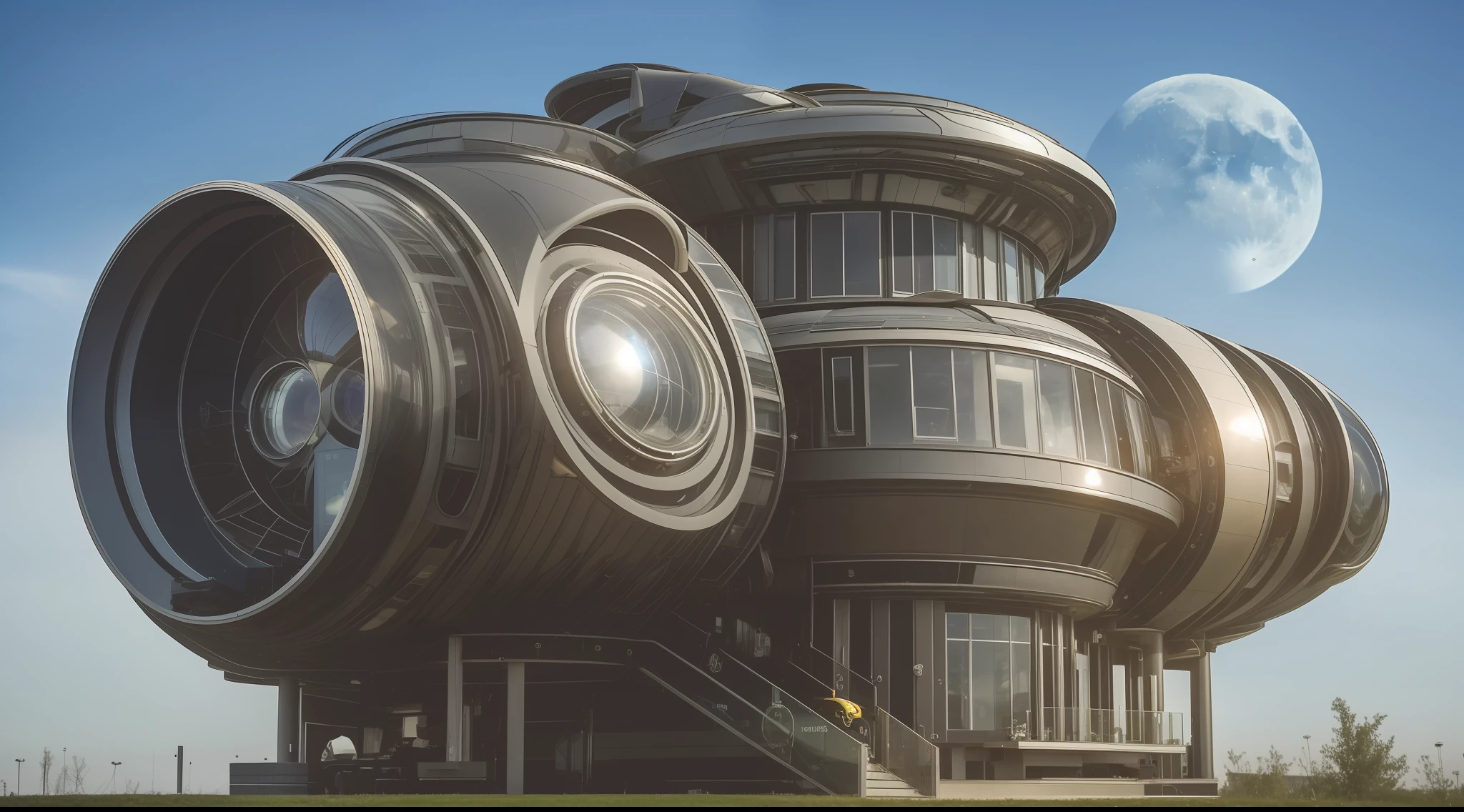 an extremely complex futuristic and advanced steampunk house, a flying vehicle in the garage, sci fi, lots of technology on the walls of the house, Airlock, decoration technology, (Siliconpunk:1) normal small houses next door, blue lawn, 2 sun in the sky, 2 moon in the sky, 200mm lens, high quality, high definition, uhd,