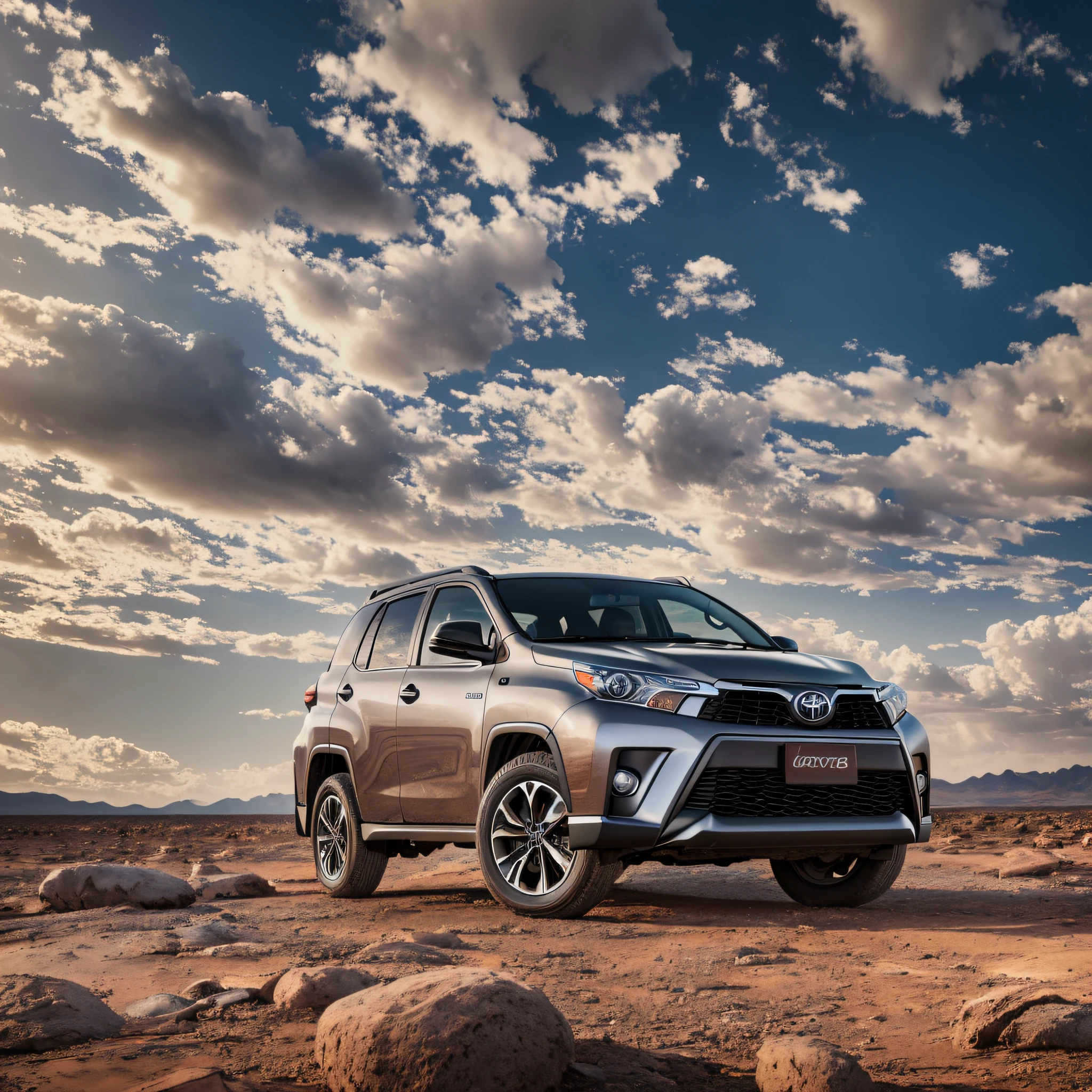 Toyota, driving on rocky road, cloudy sky, masterpiece, ultra wide angle, 20mm focal length, barren land, river beside, natural lighting, sharp focus, soft and intricate details, 8k wallpaper, artstation --auto --s2